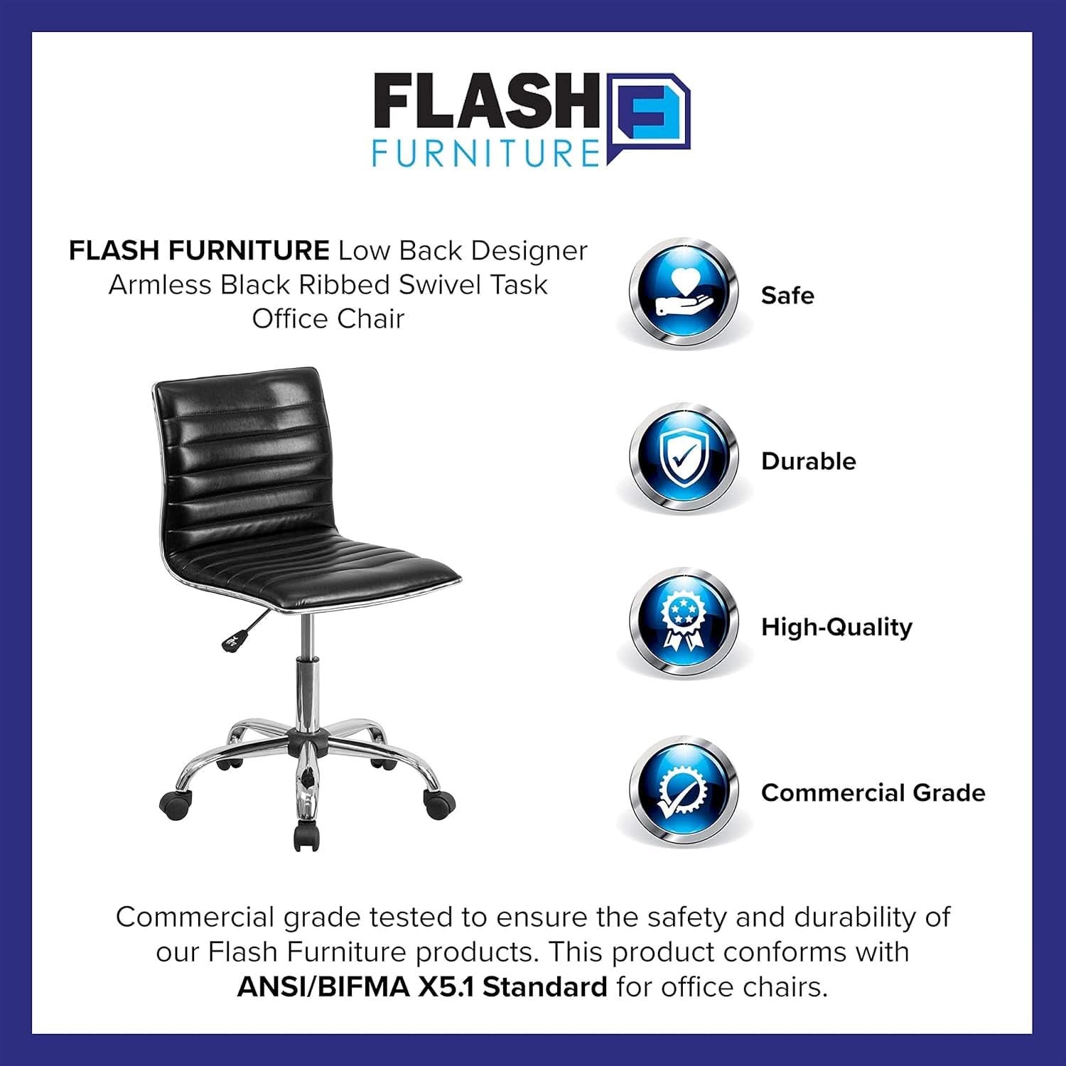 Alan Low Back Armless Black Ribbed Office Swivel Task Chair