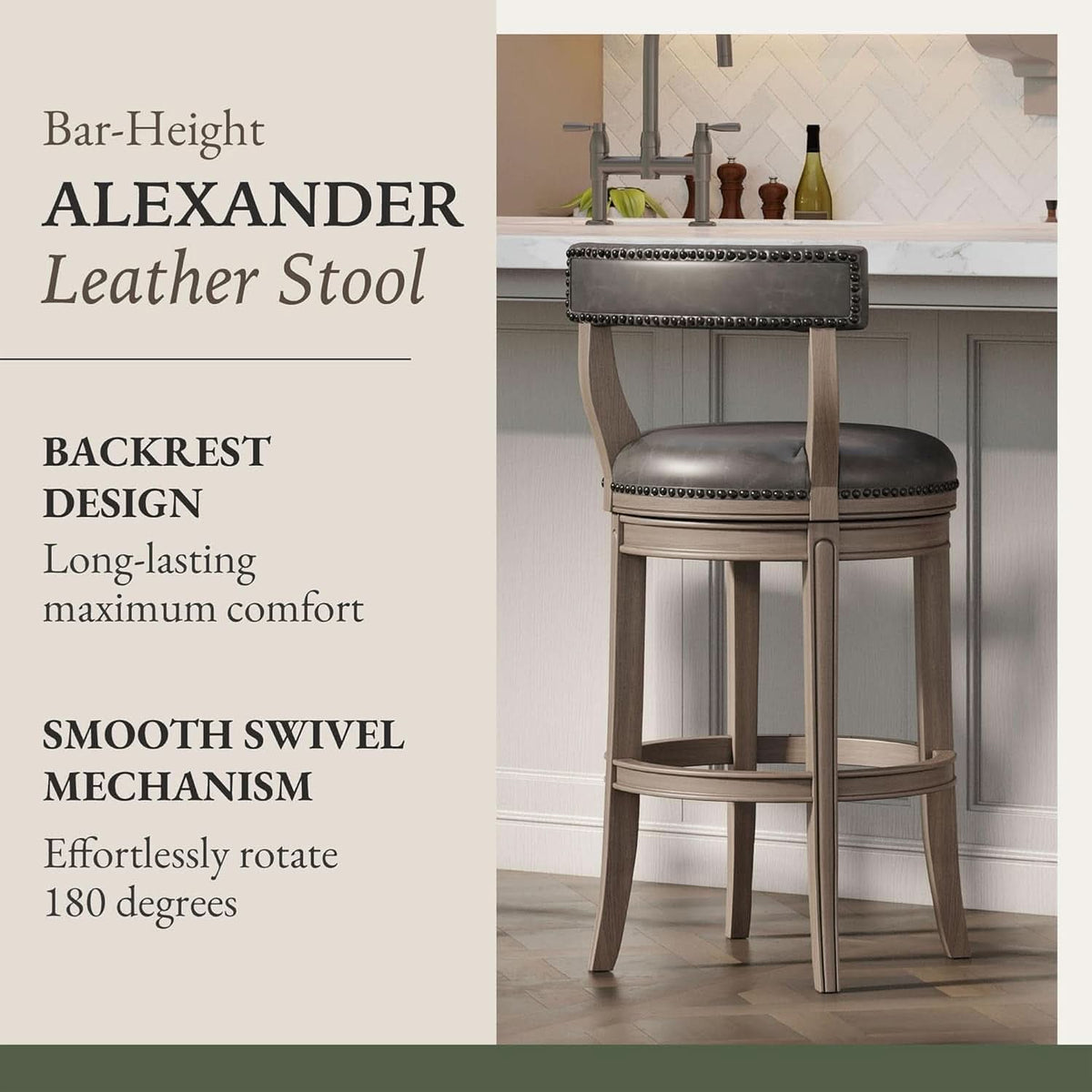 Alexander 31 Inch Rotating Bar Stool Reclaimed Oak Finish Vegan Leather Seat