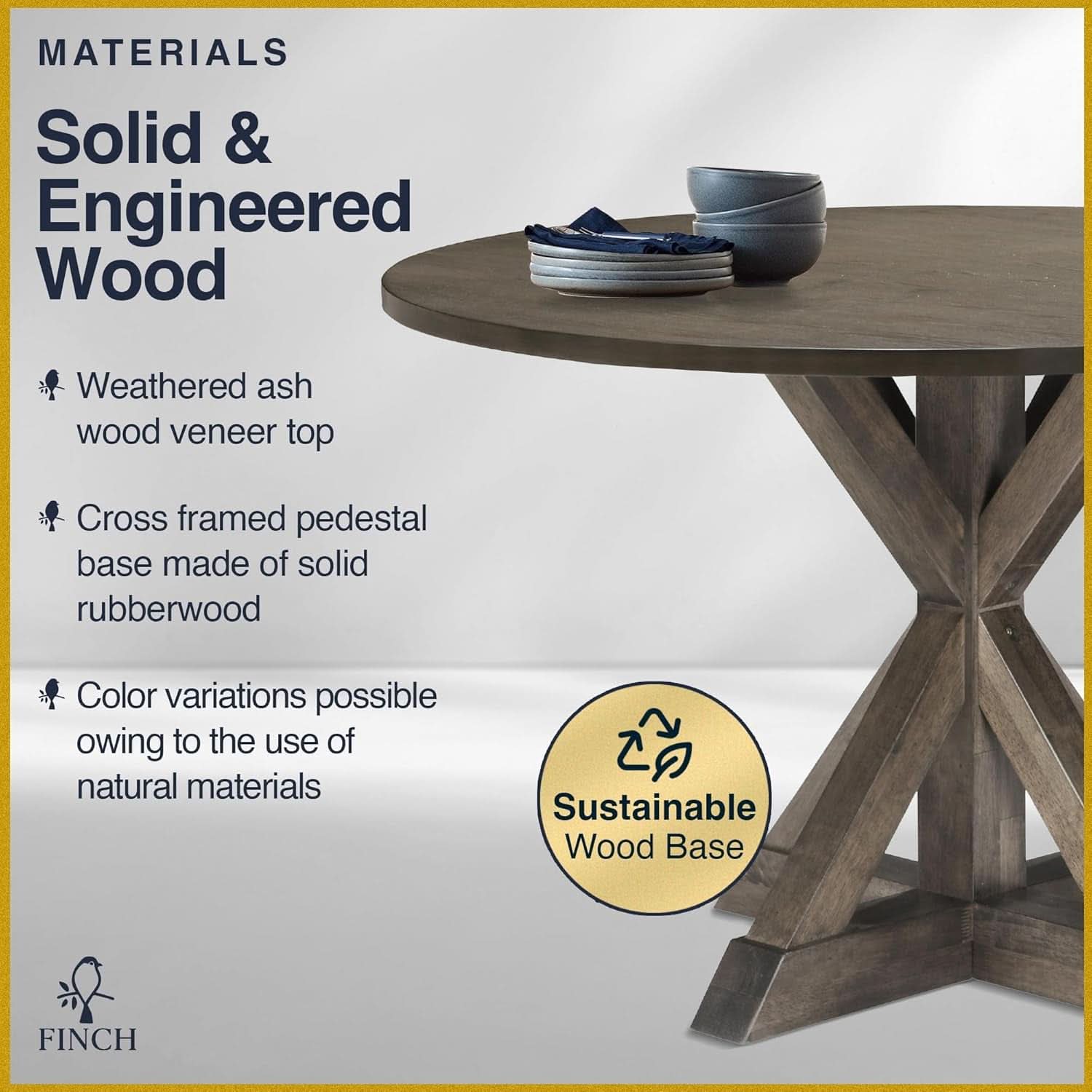 Alfred Round Solid Wood Rustic Dining Table 46.5 Inch Diameter Trestle Pedestal