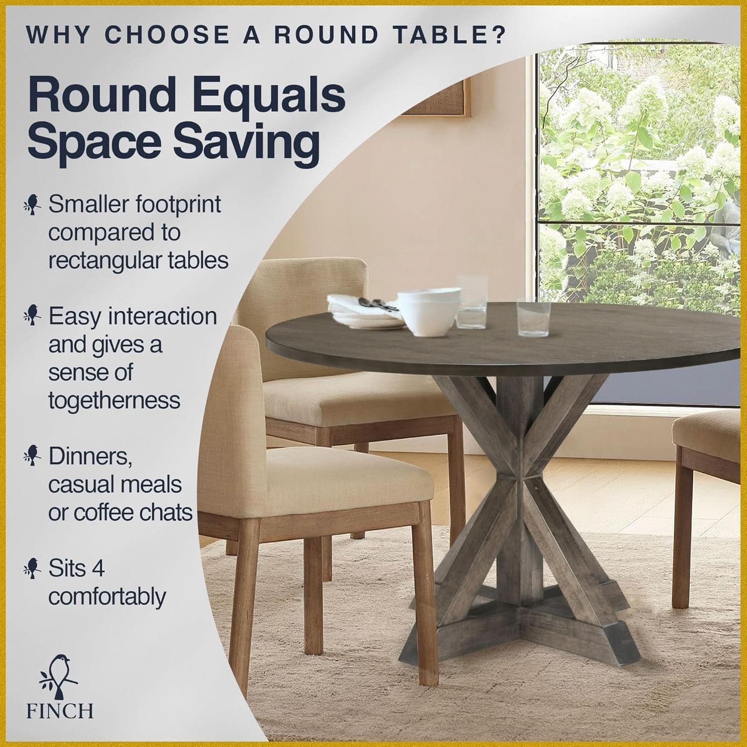 Alfred Round Solid Wood Rustic Dining Table 46.5 Inch Diameter Trestle Pedestal