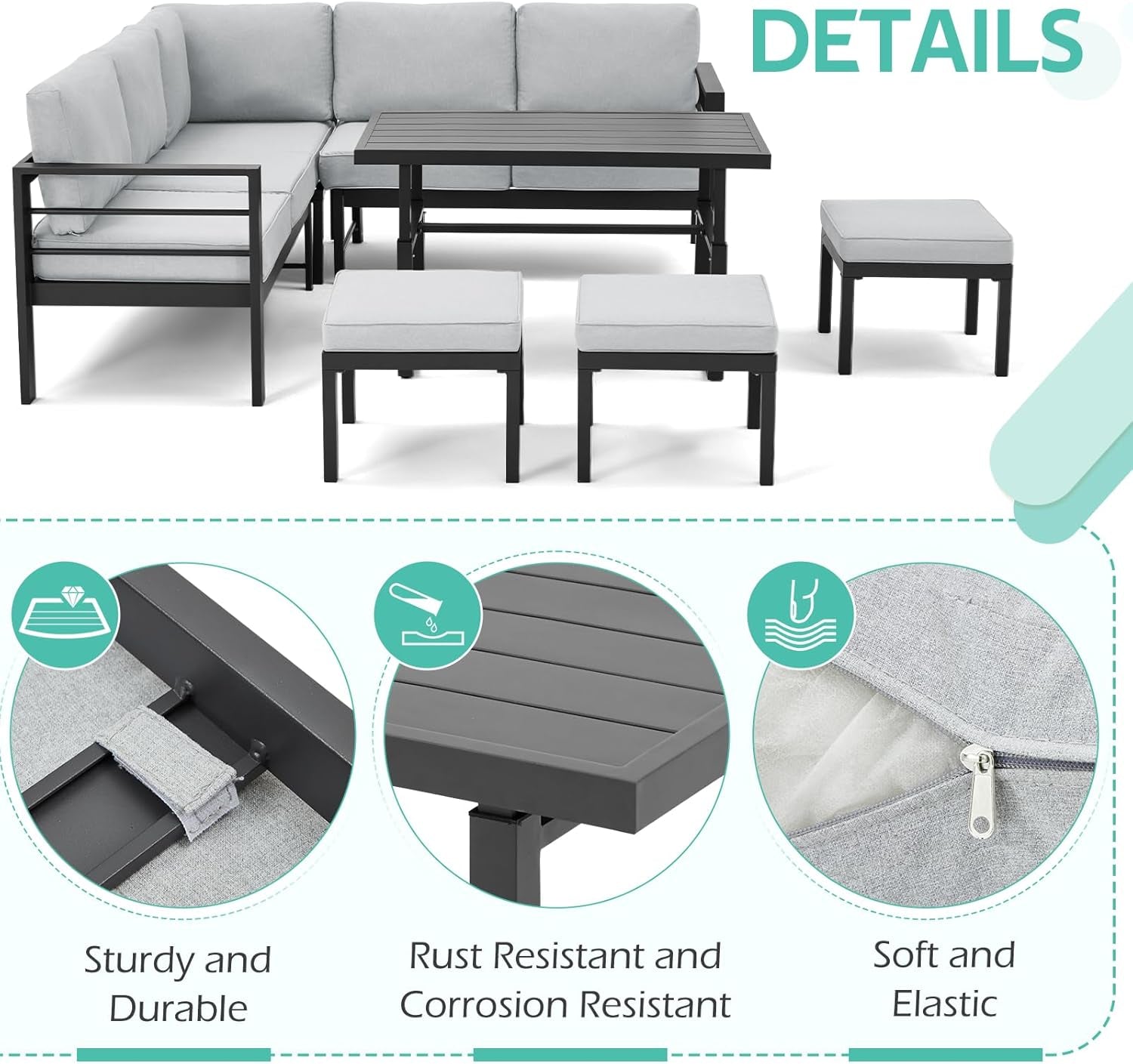 All Weather Aluminum Frame 7 Piece Outdoor Patio Set Grey