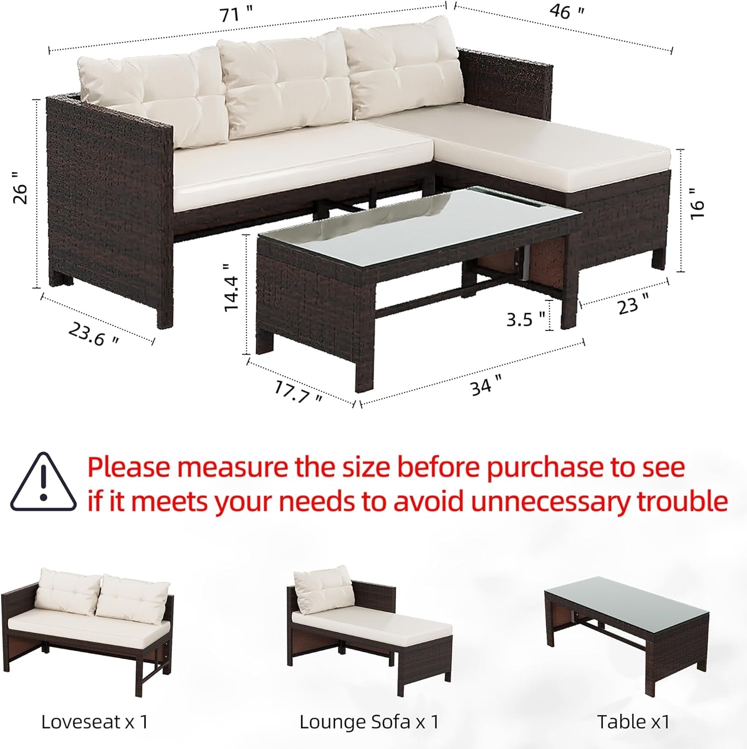 All Weather Wicker Patio Sectional Sofa Set with Table