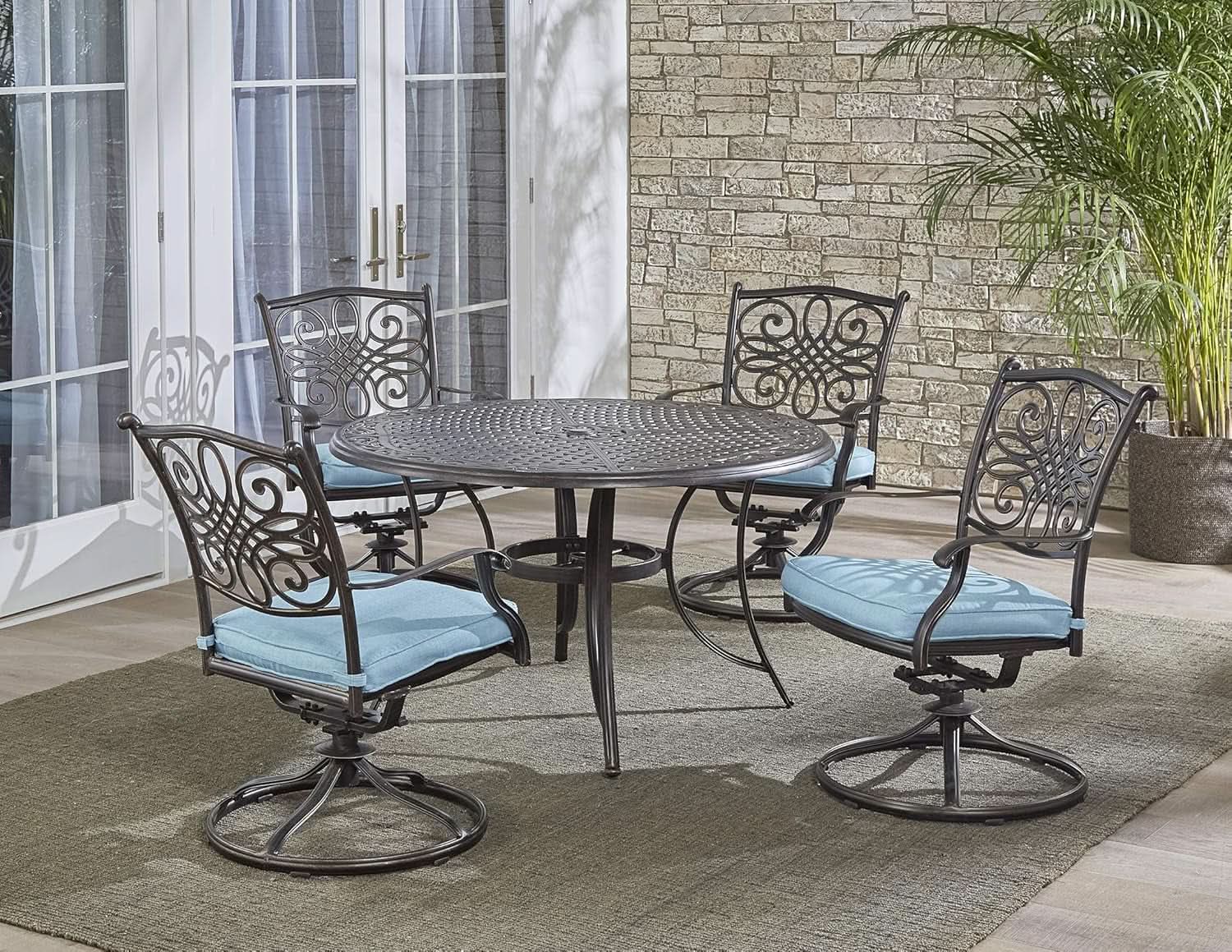 Aluminum Patio Dining Set 5 Piece With Blue Cushions For 4