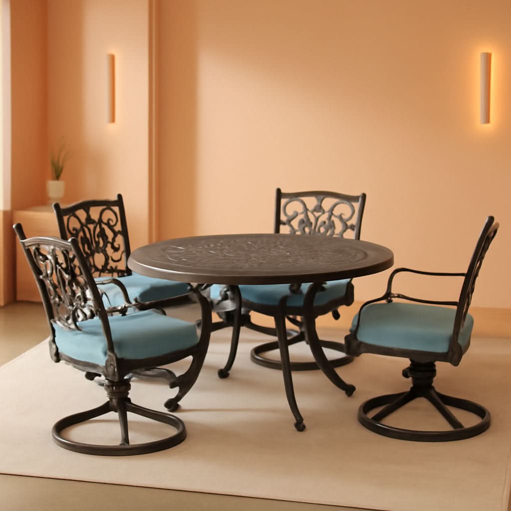 Aluminum Patio Dining Set 5 Piece With Blue Cushions For 4