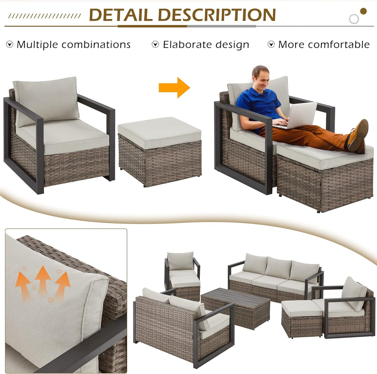 Aluminum Patio Furniture Set with Rattan Sectional Sofa