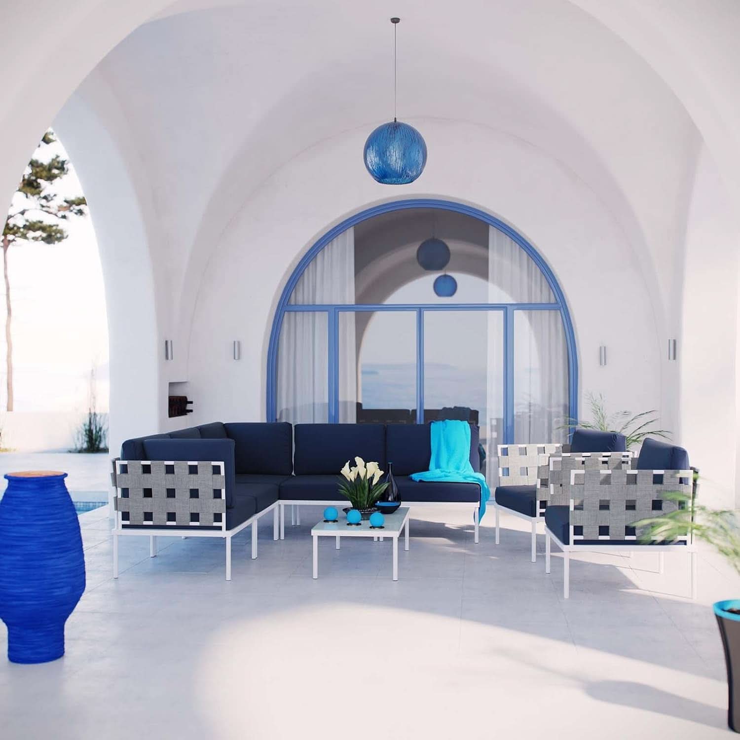 Aluminum Patio Sectional Sofa Set 8 Piece White Navy