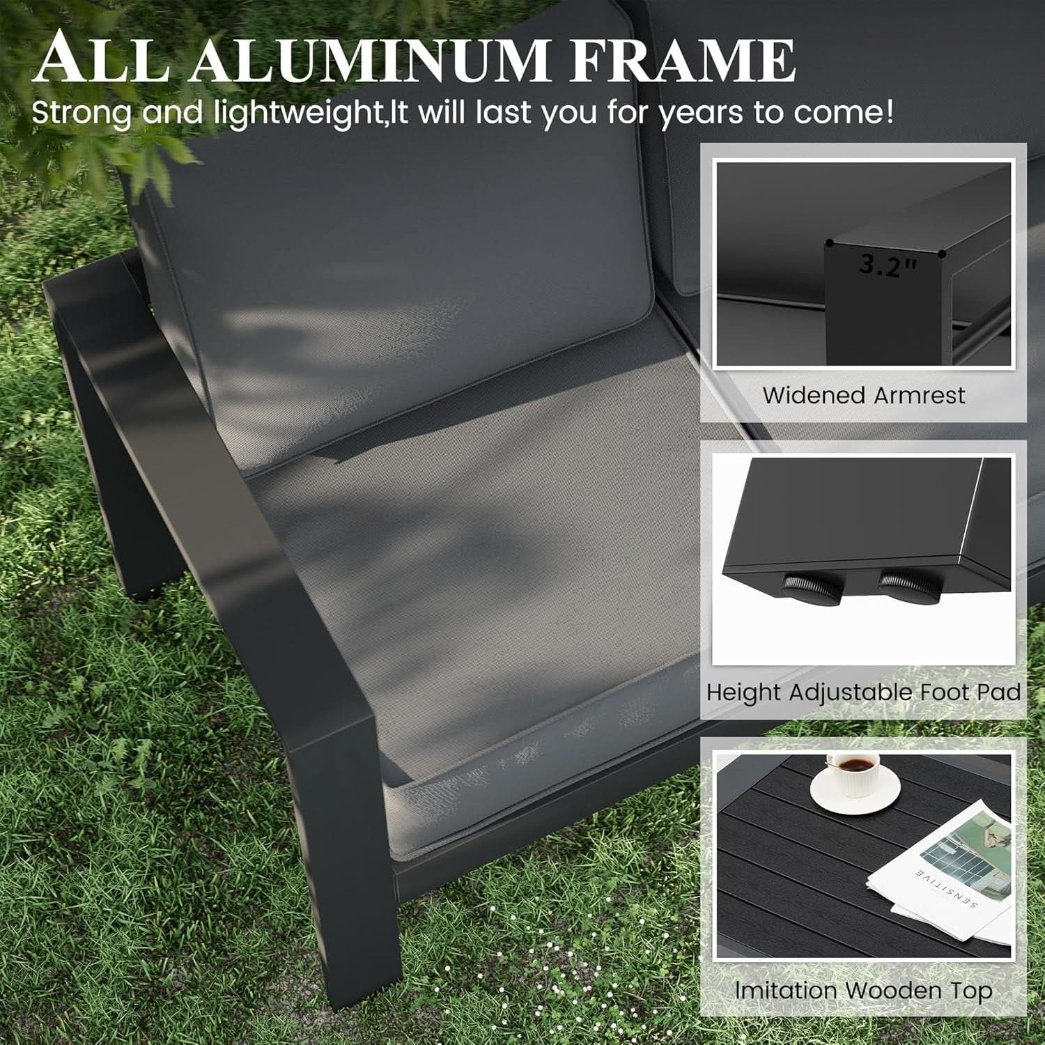 Aluminum Patio Set 7 Piece With Waterproof Covers Grey