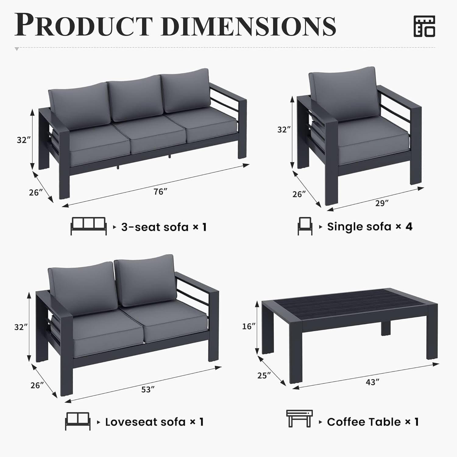 Aluminum Patio Set 7 Piece With Waterproof Covers Grey