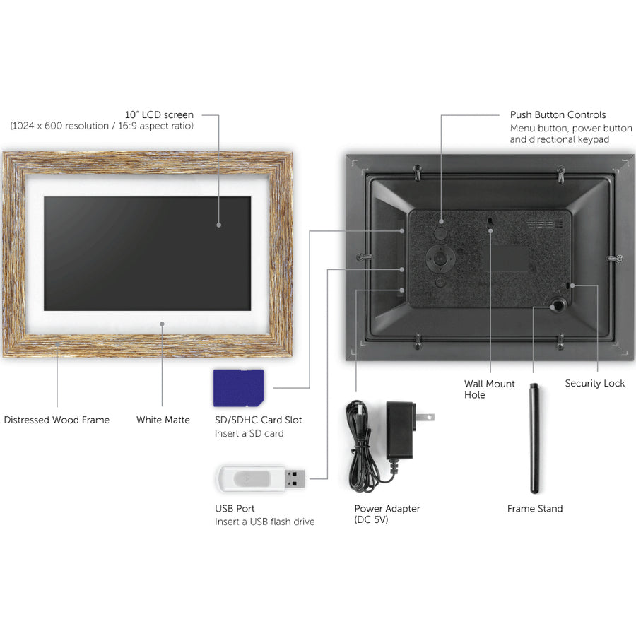Aluratek 10 inch Distressed Wood Digital Photo Frame with Auto Slideshow Feature - 10"