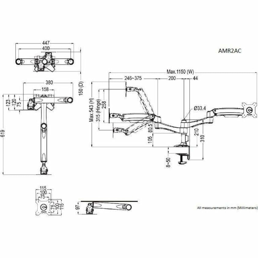 Amer Mounts Dual Articulating Monitor Arm. Supports two 15-26" LCD/LED Flat Panel Screens" AMR2AC
