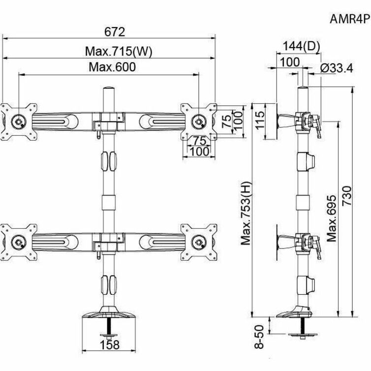 Amer Mounts Grommet Based Quad Monitor Mount For Four 15"-24" Lcd/Led Flat Panel Screens