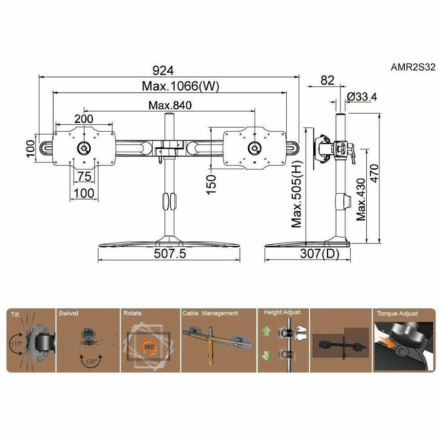 Amer Mounts Stand Based Dual Monitor Mount for two 24-32" LCD/LED Flat Panel Screens" AMR2S32