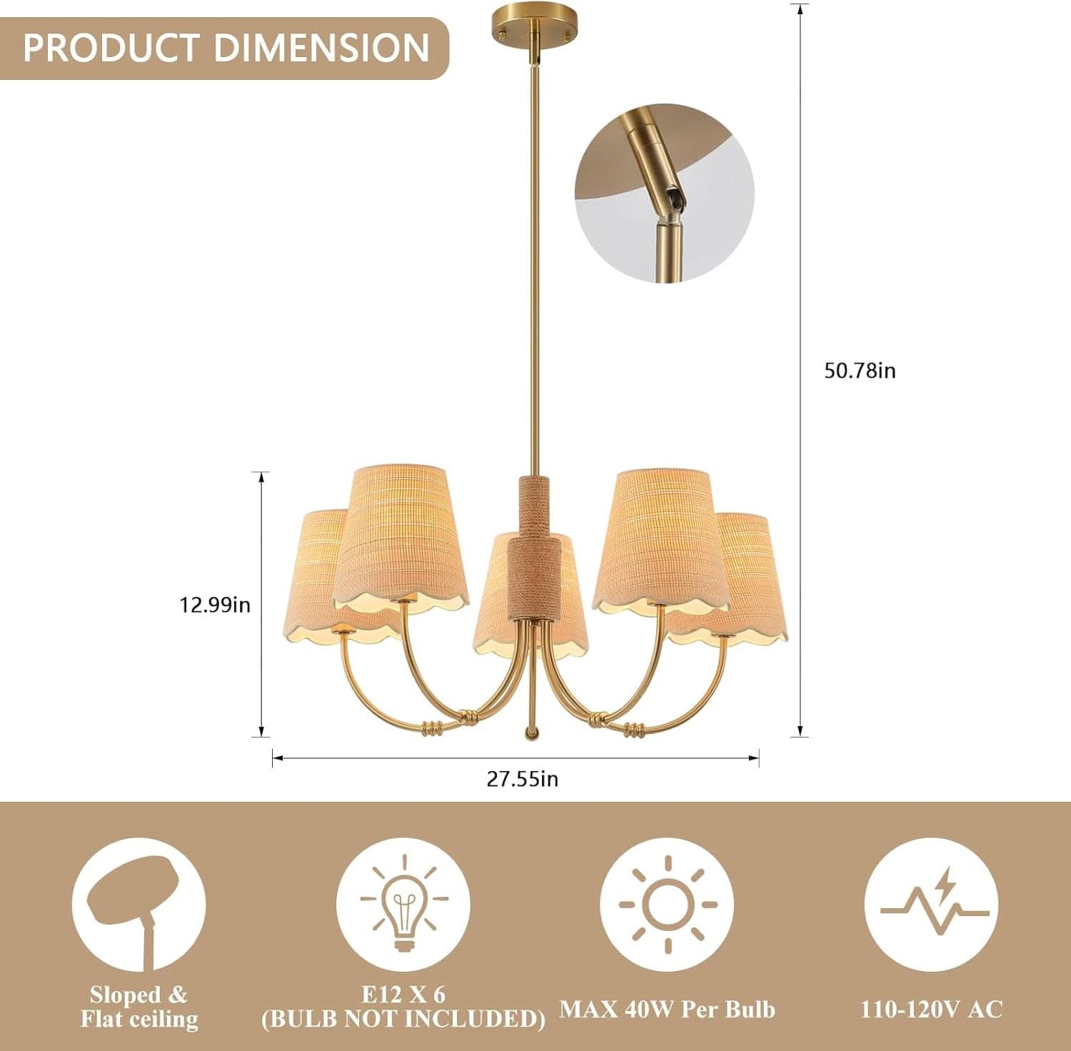 Antique Brass Boho Rattan Chandelier Pendant Dimmable