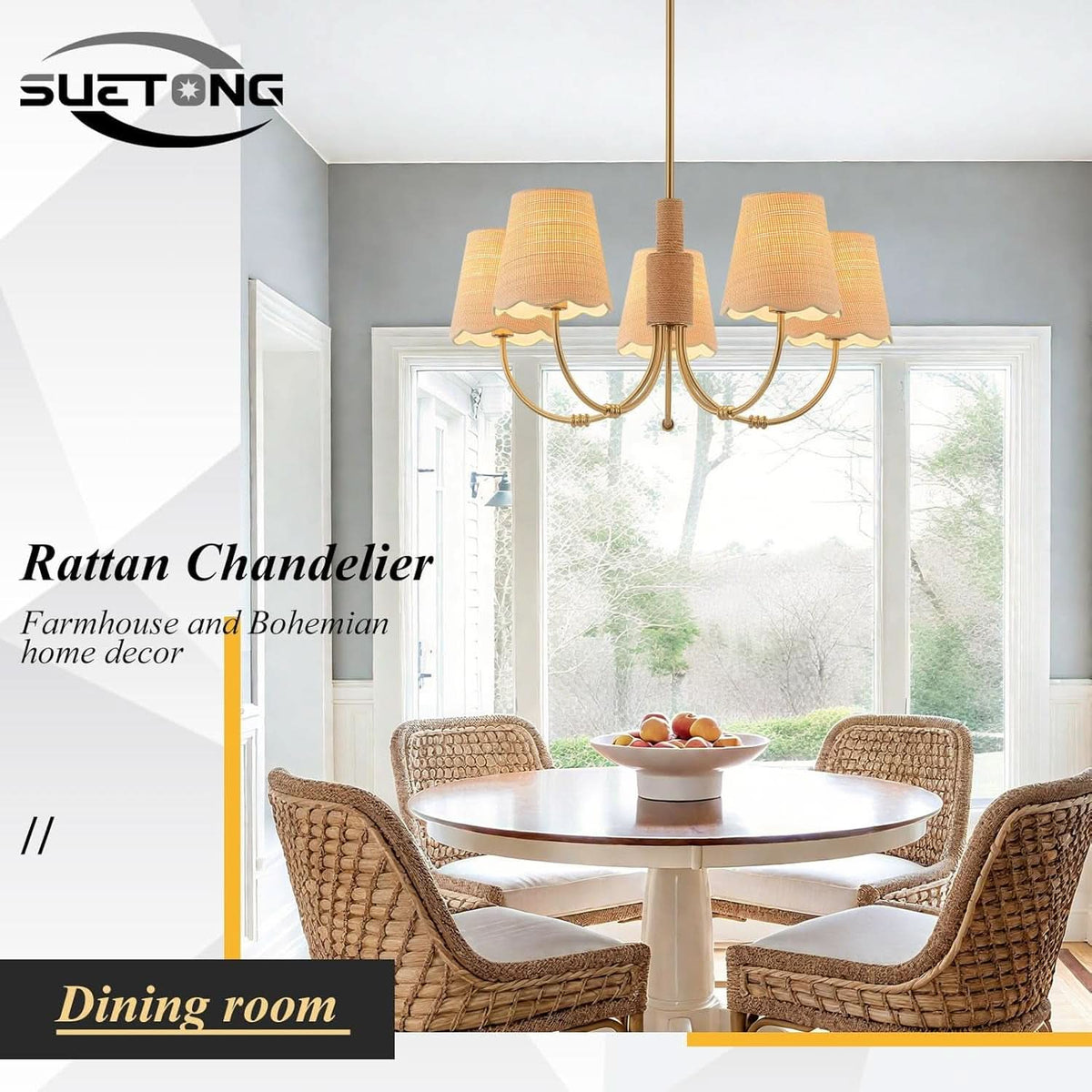 Antique Brass Boho Rattan Chandelier Pendant Dimmable