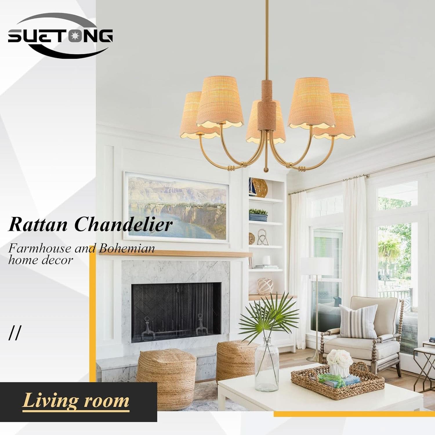 Antique Brass Boho Rattan Chandelier Pendant Dimmable