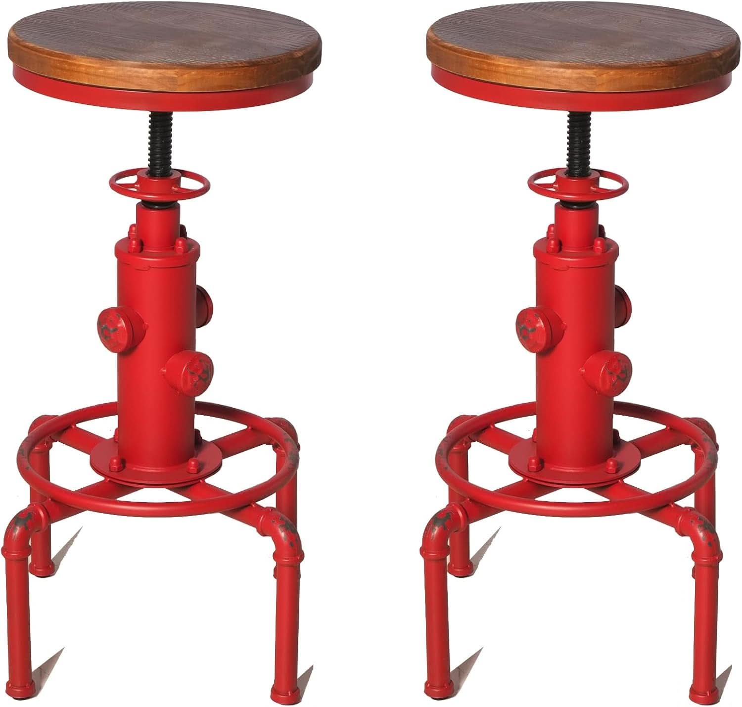 Antique Industrial Barstools Set With Adjustable Wooden Seats