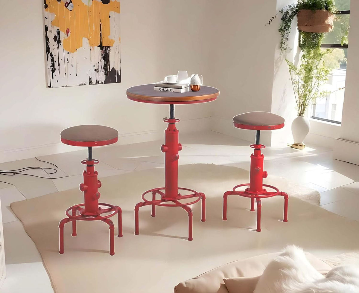 Antique Industrial Barstools Set With Adjustable Wooden Seats