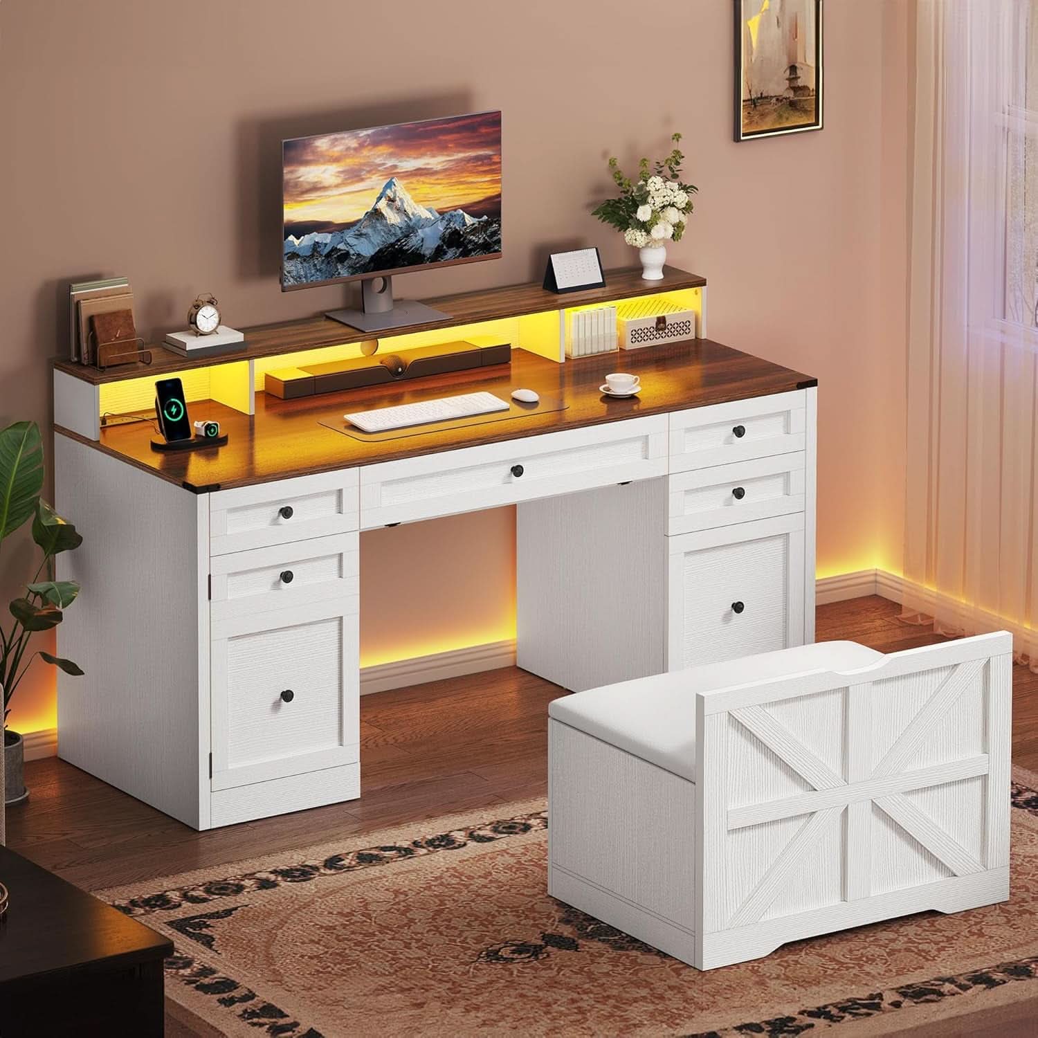 Antique White Computer Workstation Stool With Drawers