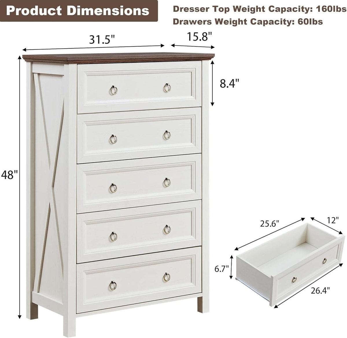 Antique White Forty EightInch Tall Farmhouse Dresser