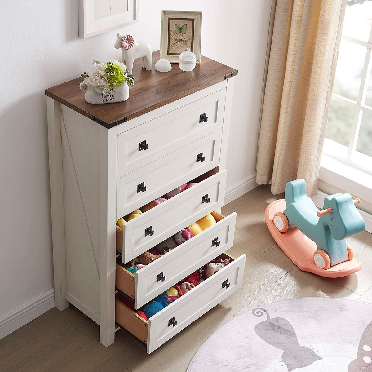 Antique White Rustic 5 Drawer Dresser For Bedroom Storage