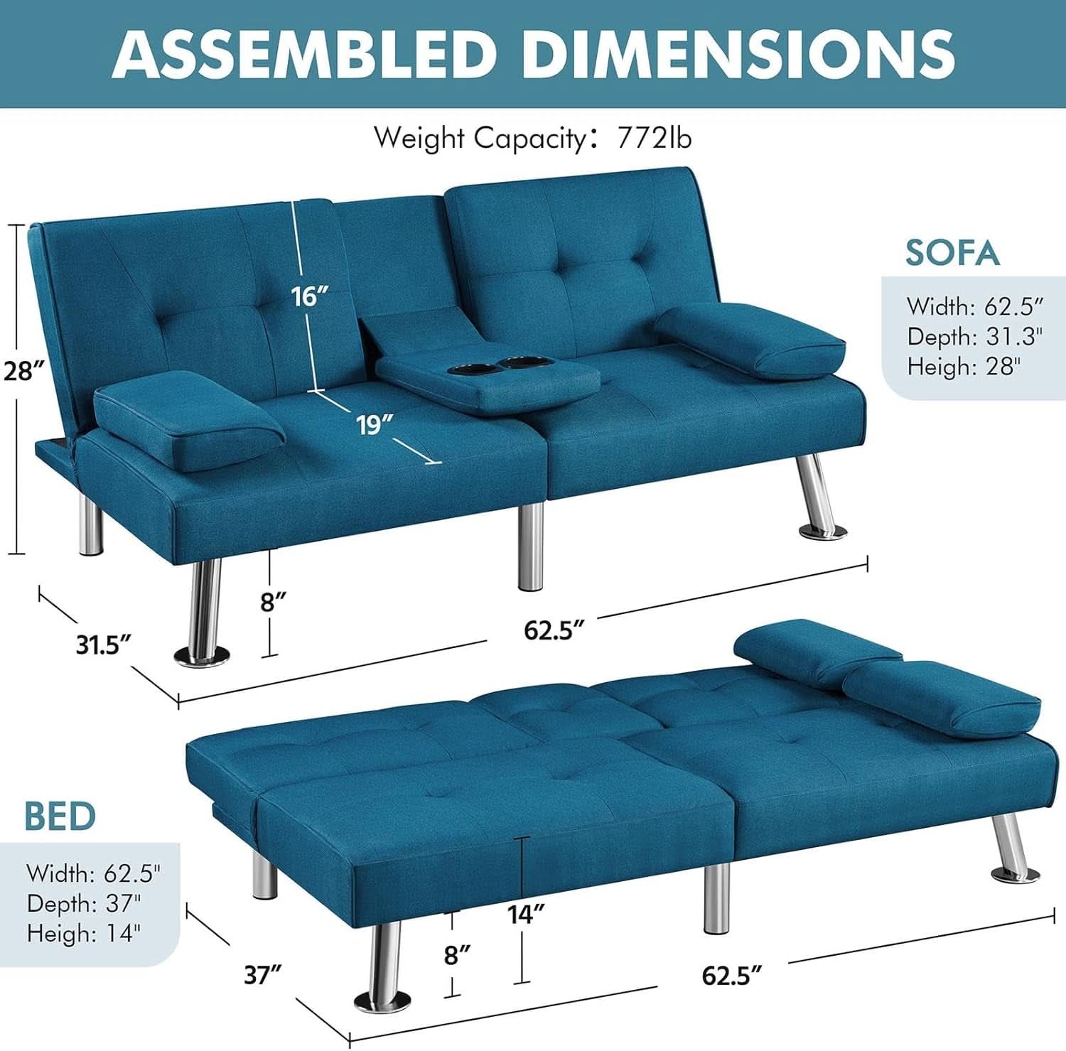 Aqua Blue Convertible Sofa Bed With Adjustable Angles