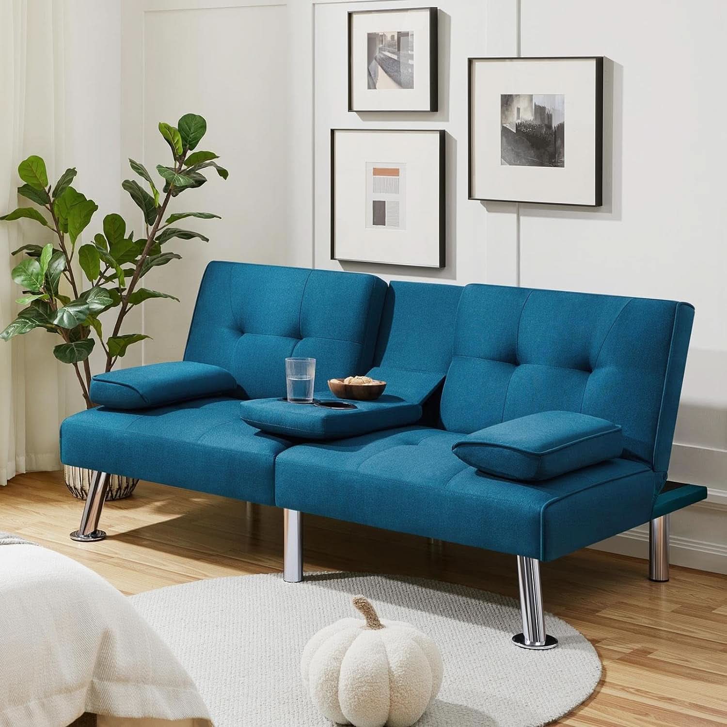 Aqua Blue Convertible Sofa Bed With Adjustable Angles