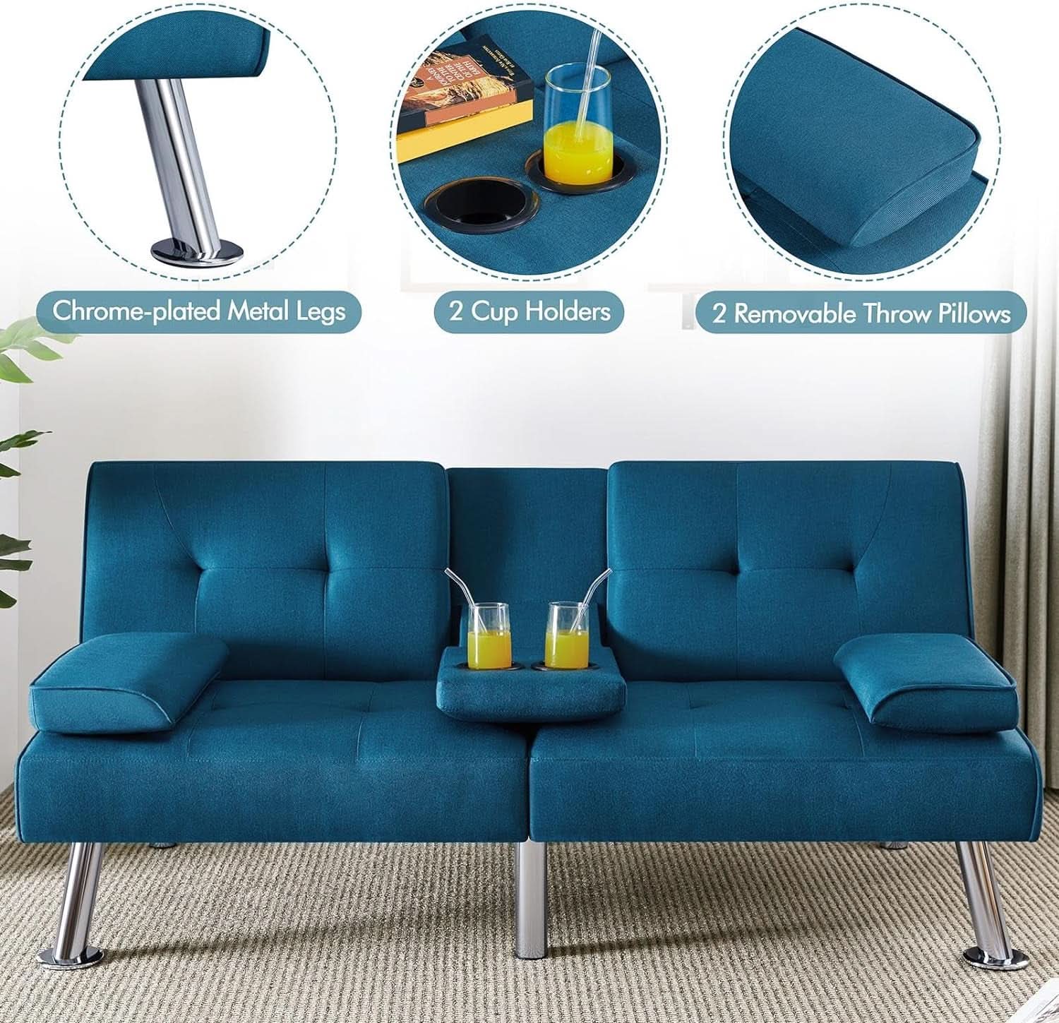 Aqua Blue Convertible Sofa Bed With Adjustable Angles