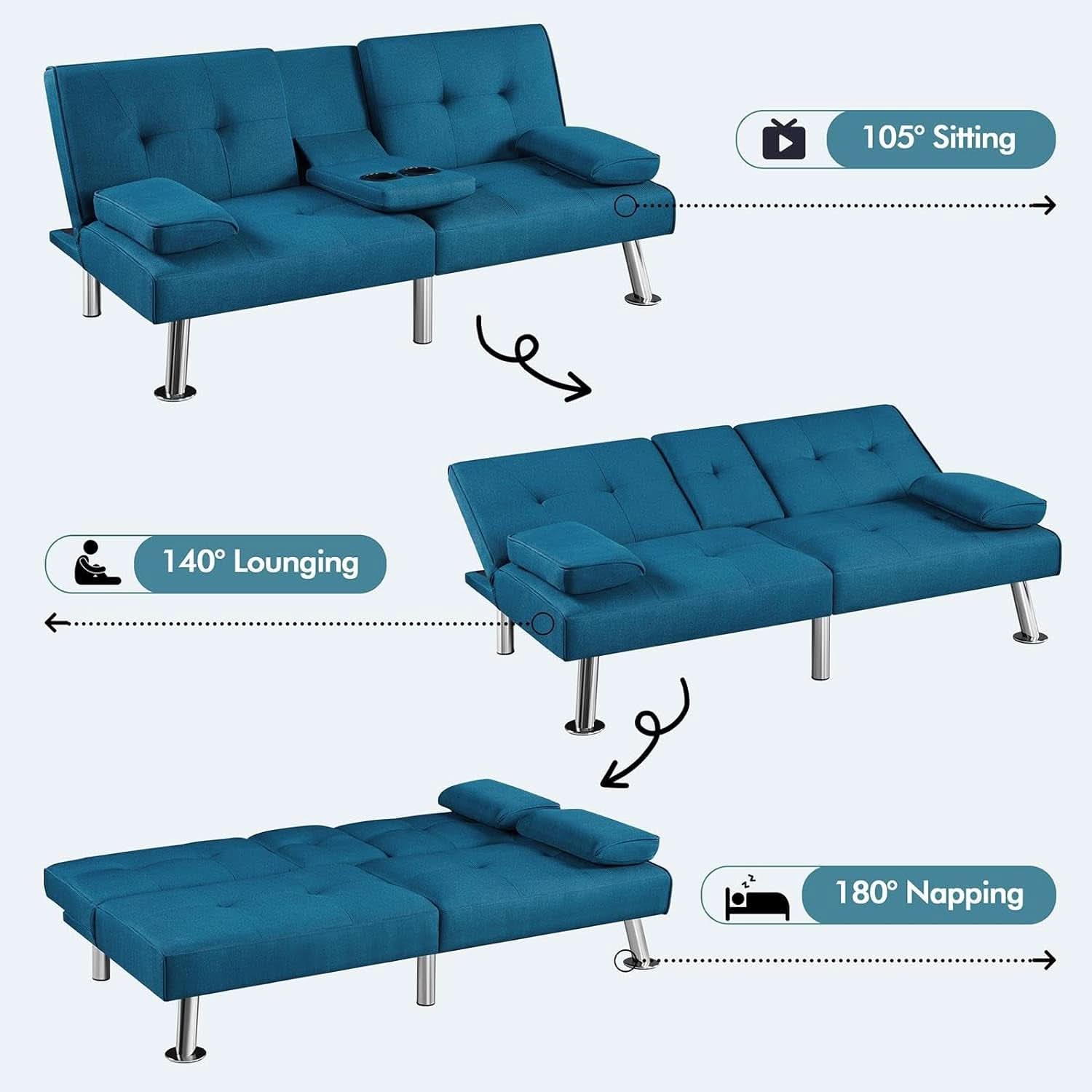 Aqua Blue Convertible Sofa Bed With Adjustable Angles