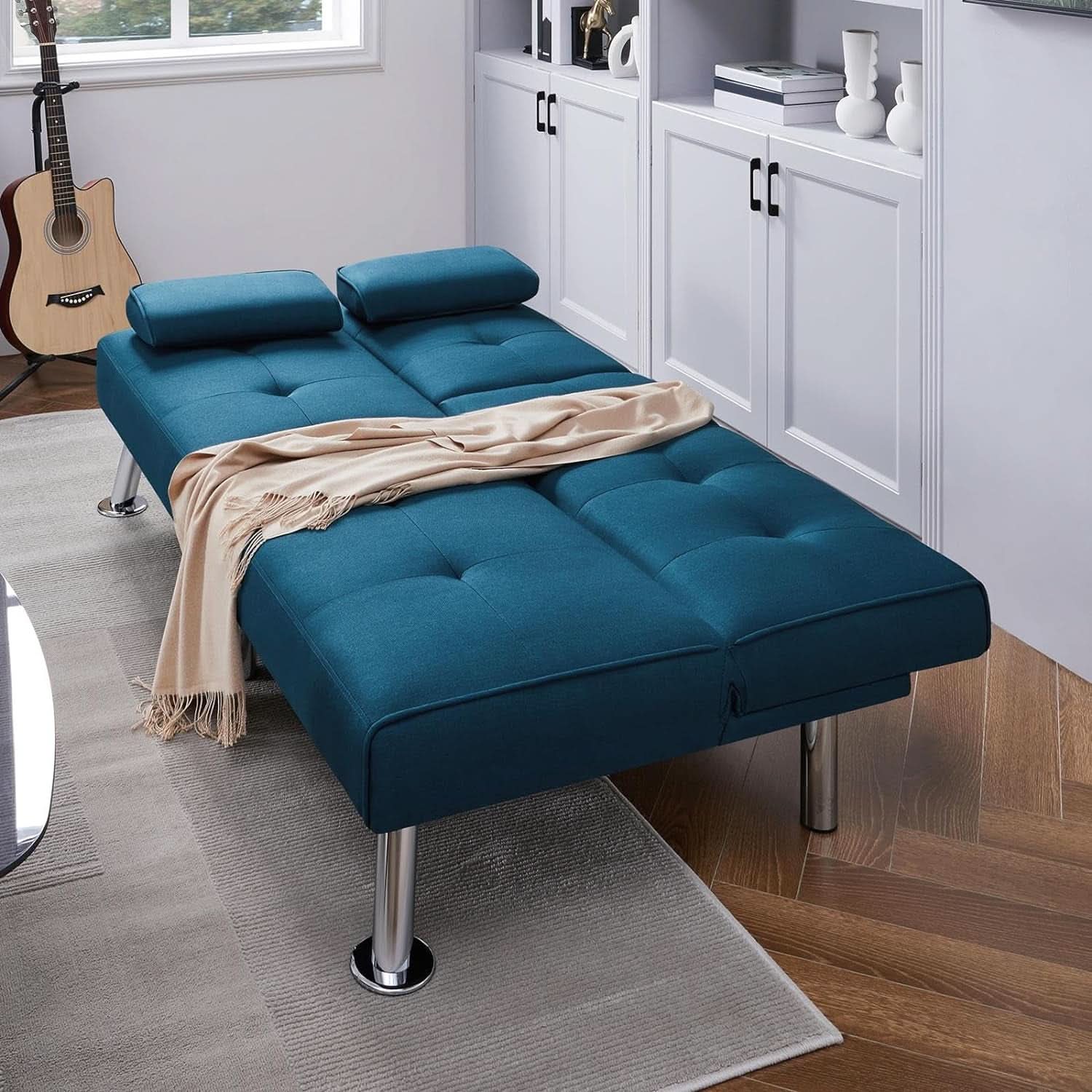 Aqua Blue Convertible Sofa Bed With Adjustable Angles