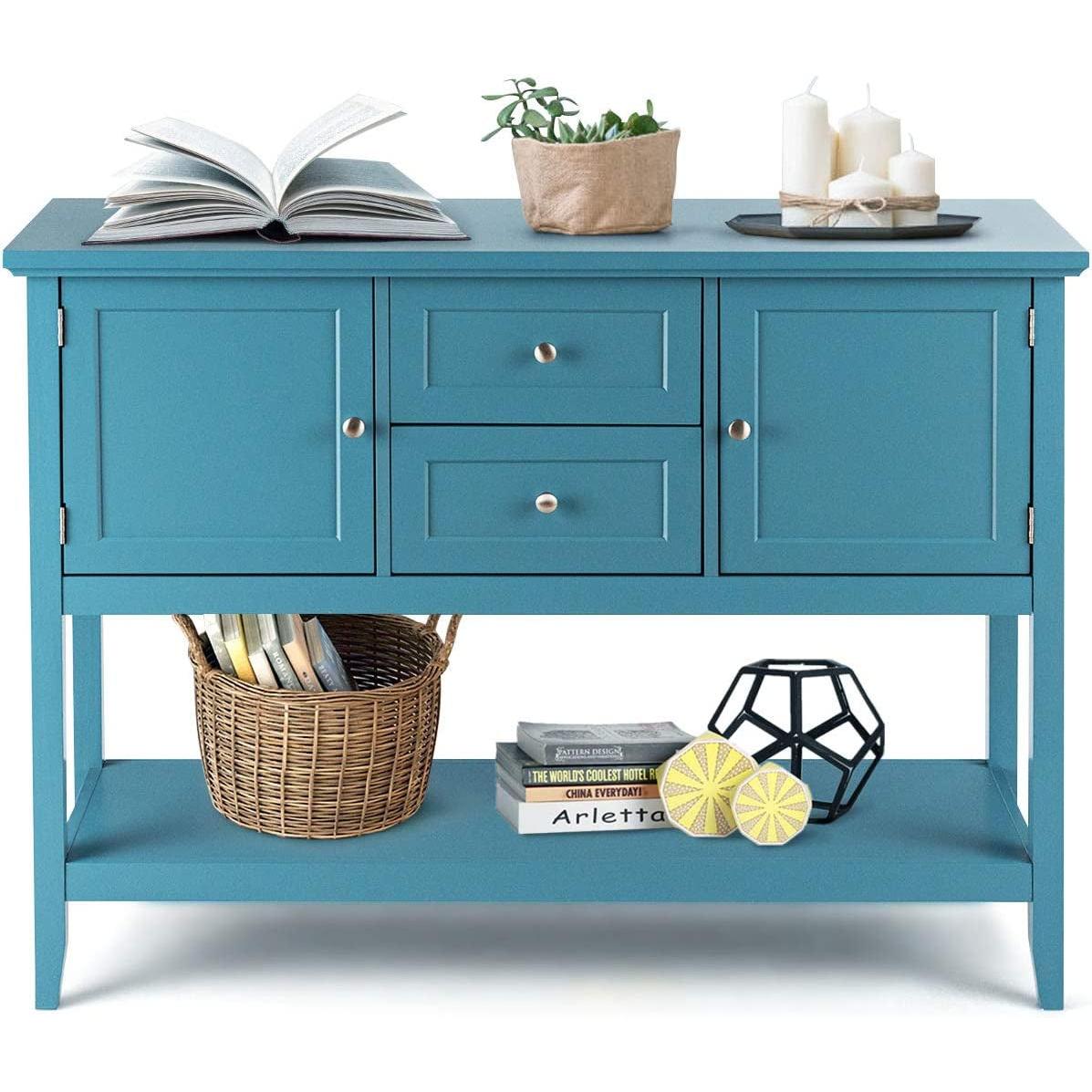 Aqua Wood Buffet Sideboard With Cabinets And Drawers
