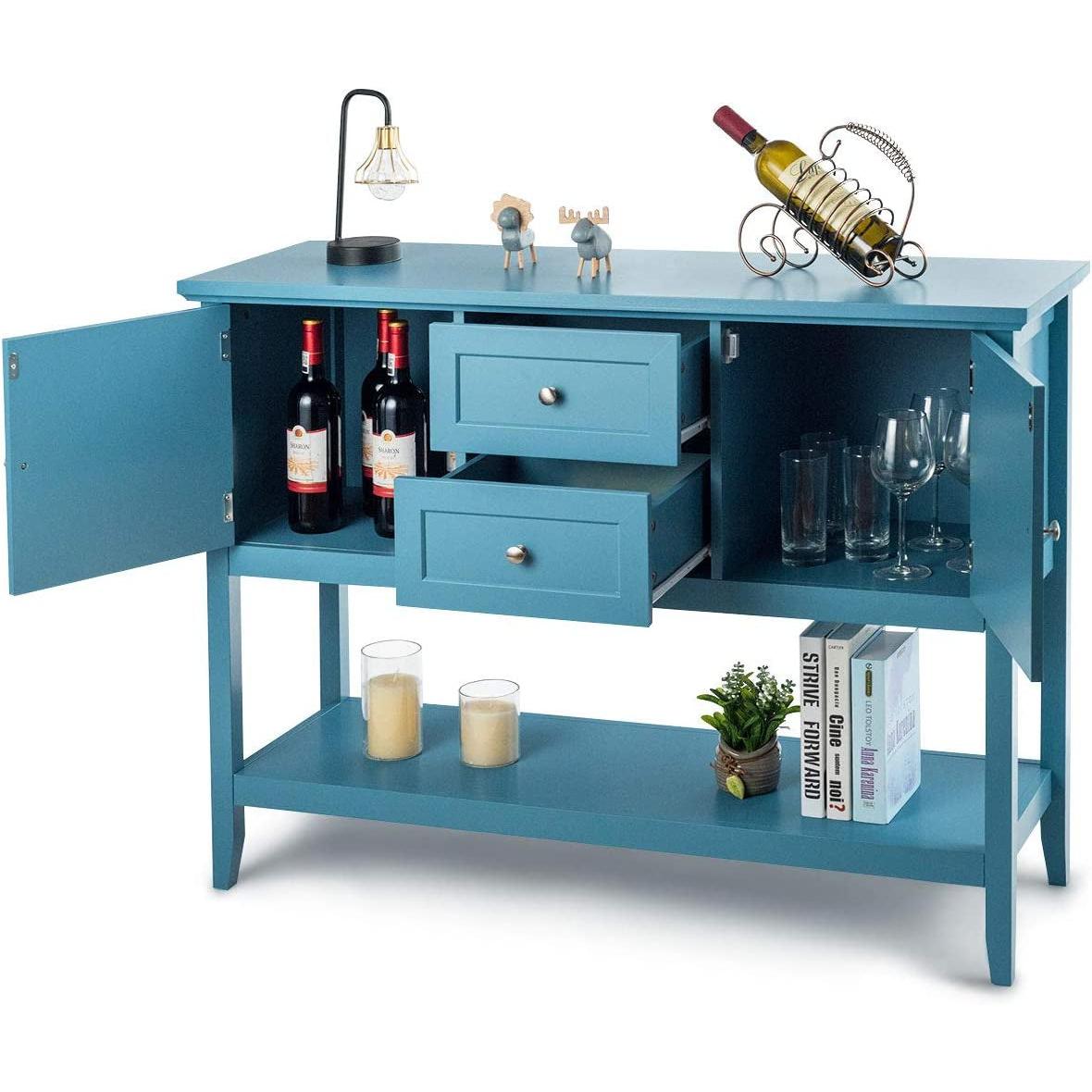 Aqua Wood Buffet Sideboard With Cabinets And Drawers