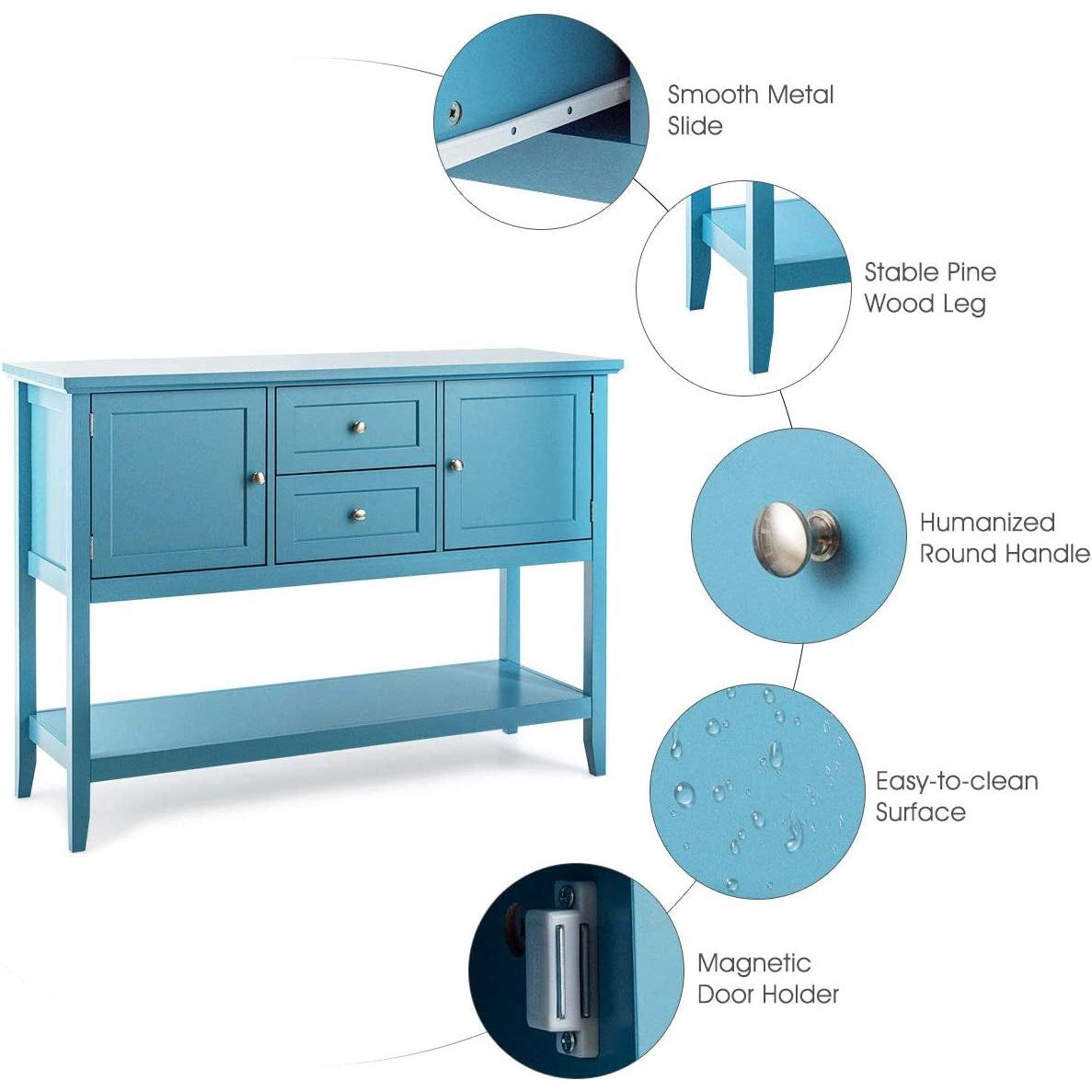 Aqua Wood Buffet Sideboard With Cabinets And Drawers