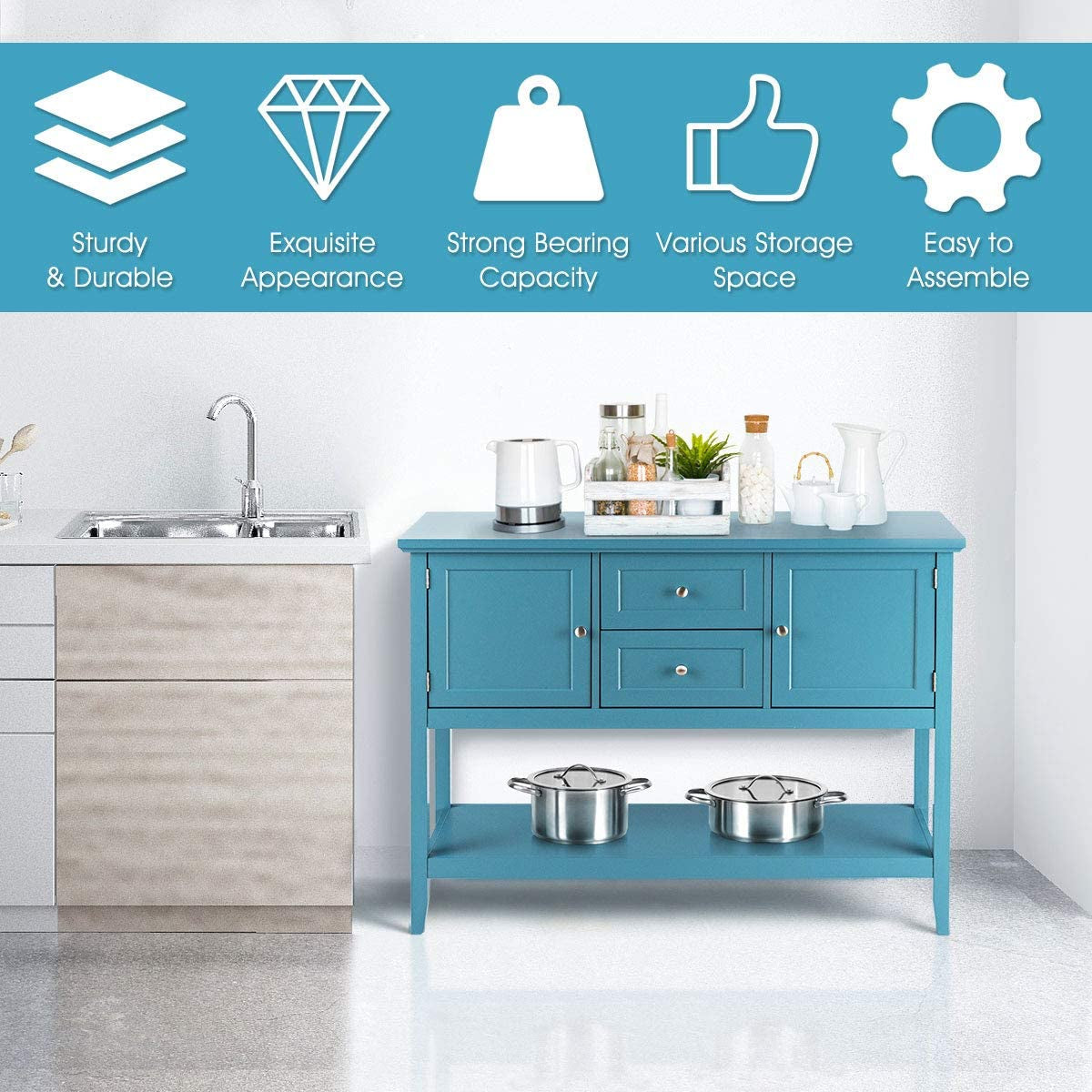 Aqua Wood Buffet Sideboard With Cabinets And Drawers