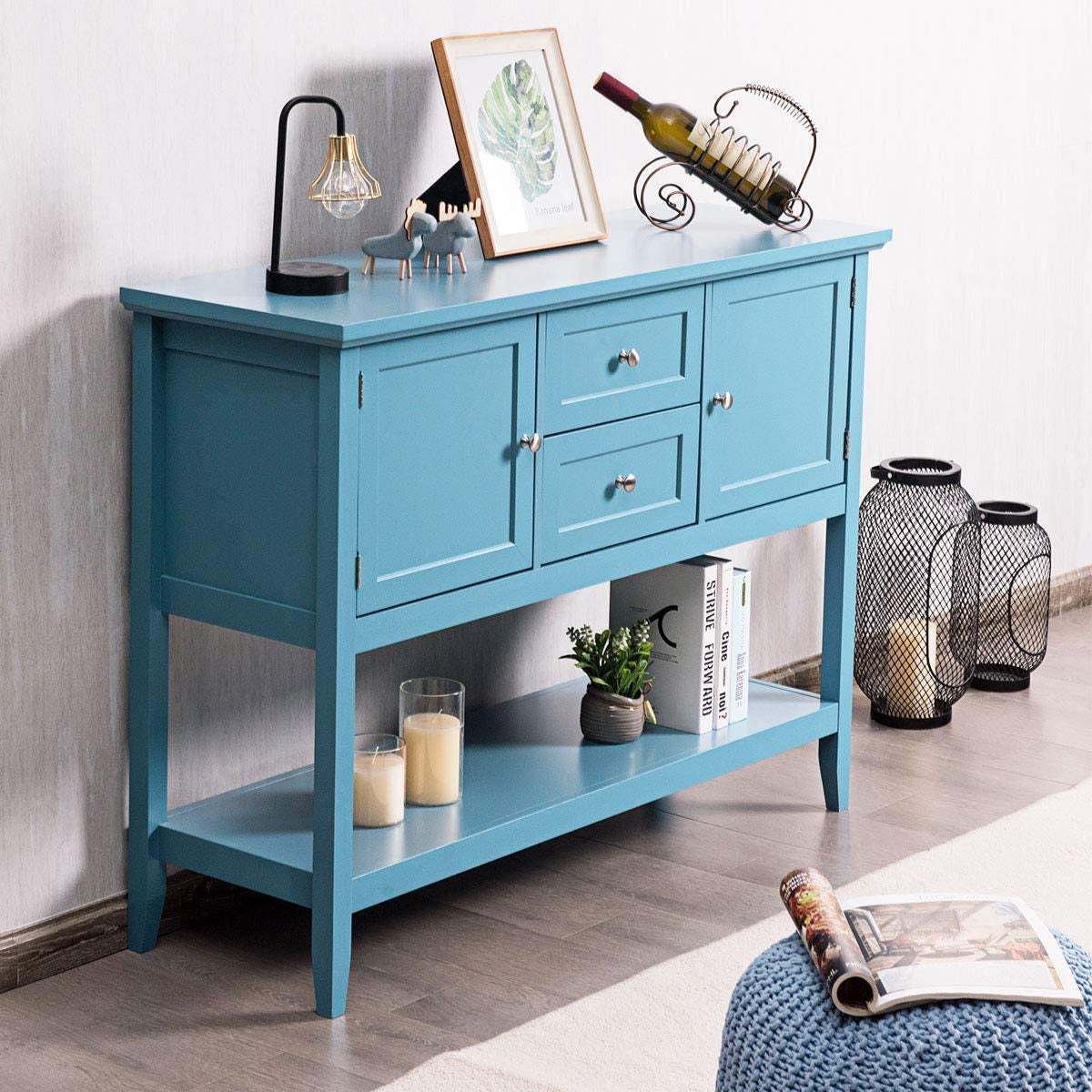 Aqua Wood Buffet Sideboard With Cabinets And Drawers