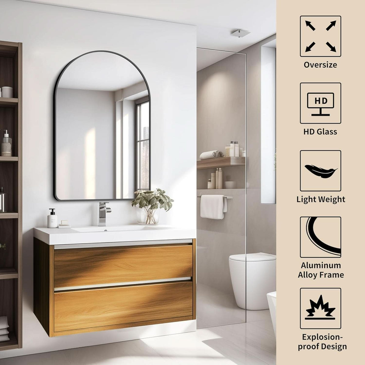 Arched Bathroom Mirror 24x36 Inches Black Aluminum Frame