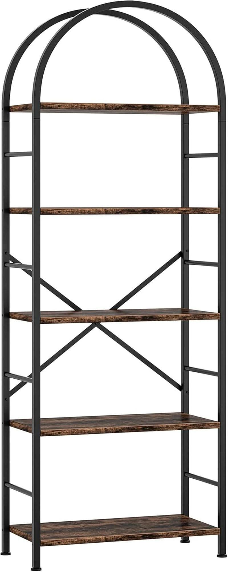 Arched Five Tier Bookshelf Rustic Brown Storage Unit