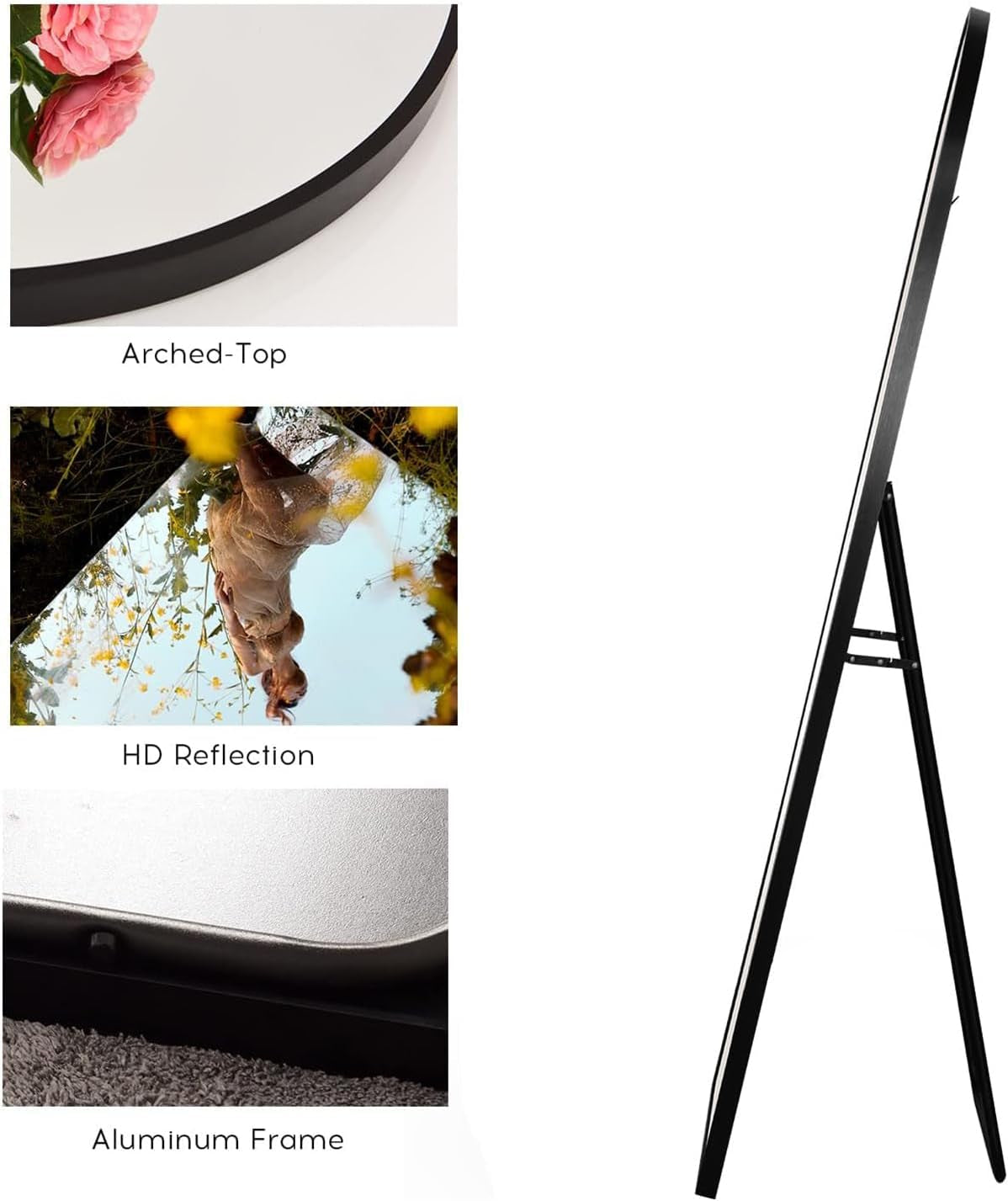 Arched Floor Mirror 68 by 26 Inches Black Aluminum Frame