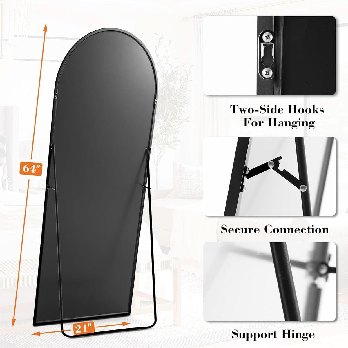 Arched Floor Standing Full Length Mirror 64 By 21 Inches