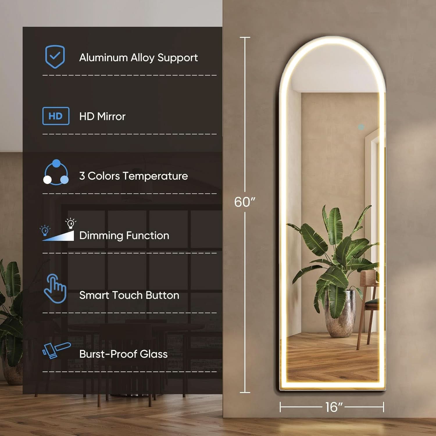 Arched Full Length Floor Mirror With LED Lights 59.8 Inch