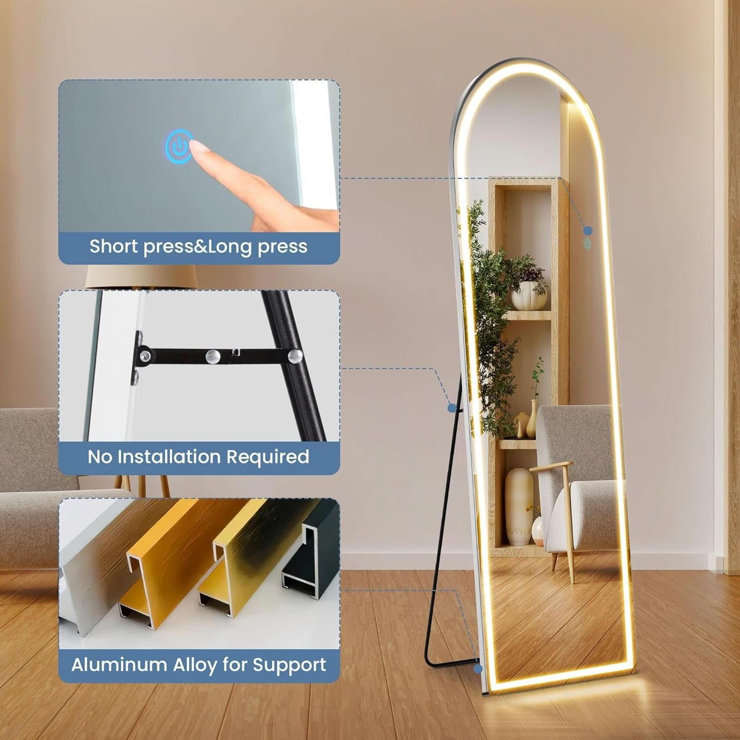 Arched Full Length Floor Mirror With LED Lights 59.8 Inch