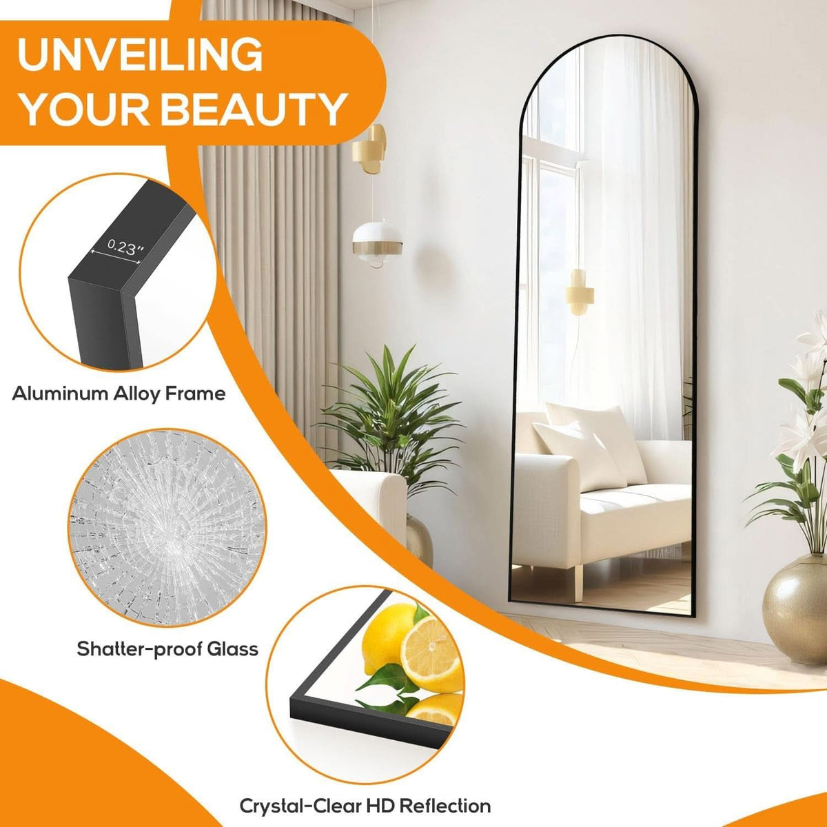 Arched Full Length Mirror 59x16 Inch Shatterproof Glass