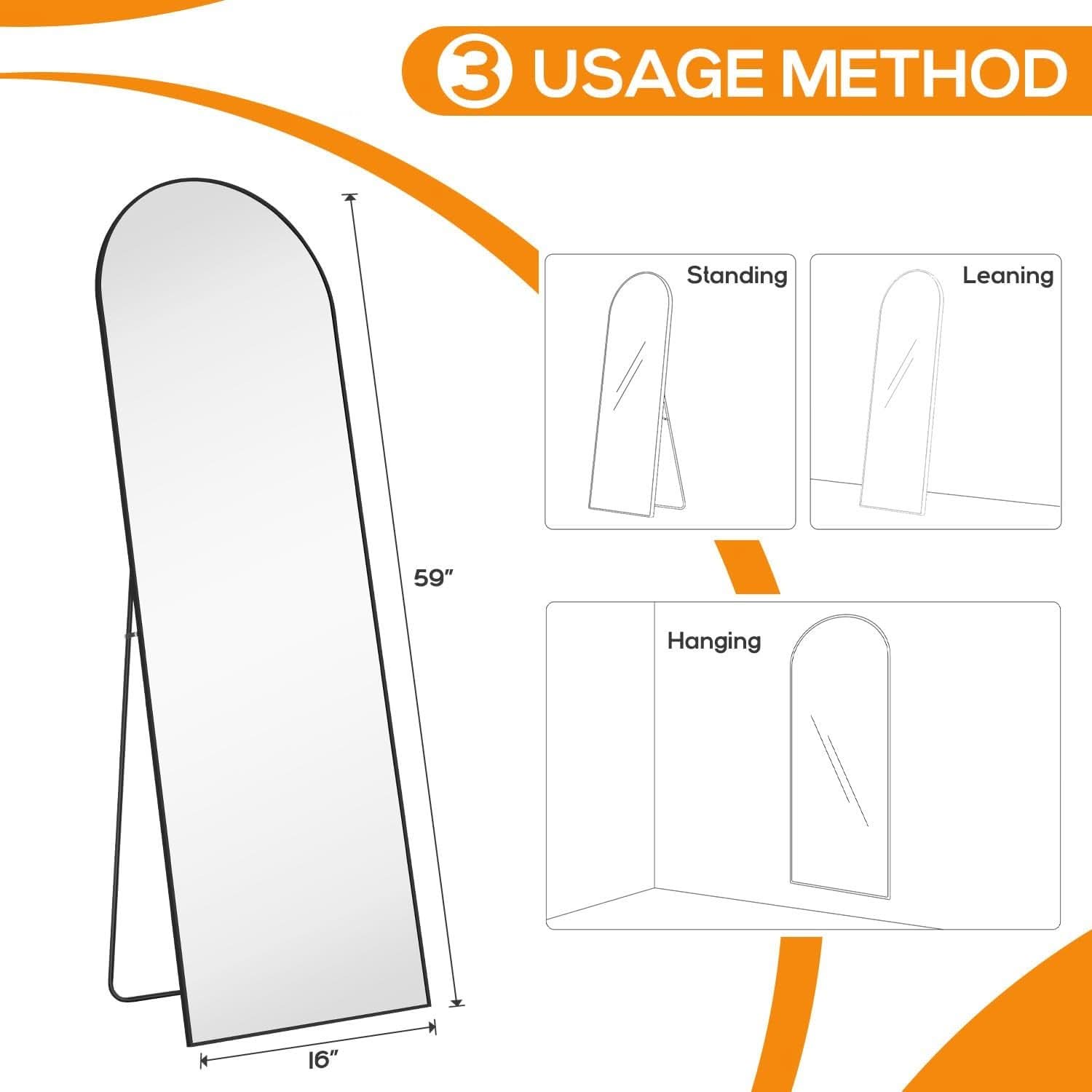 Arched Full Length Mirror 59x16 Inch Shatterproof Glass