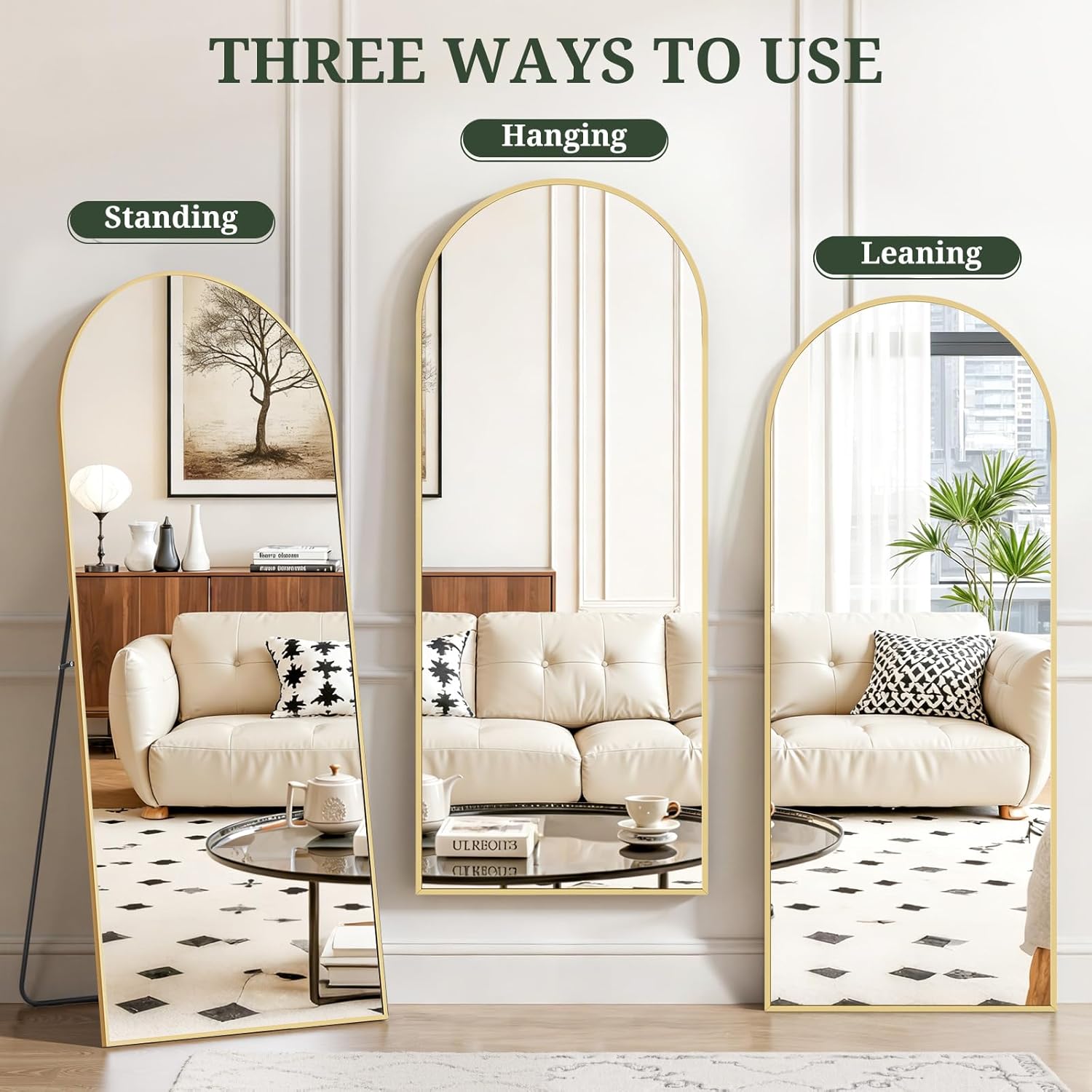 Arched Full Length Mirror 64x21 In Gold For Wall Bedroom Living Room