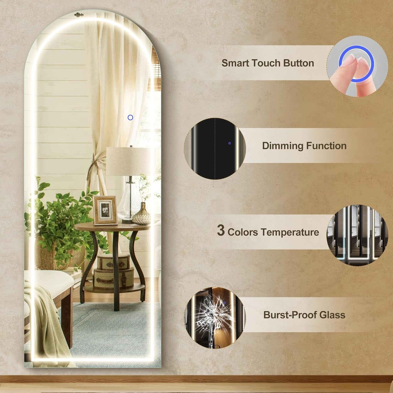 Arched Full Length Mirror With LED Lighting 63x20 Inches