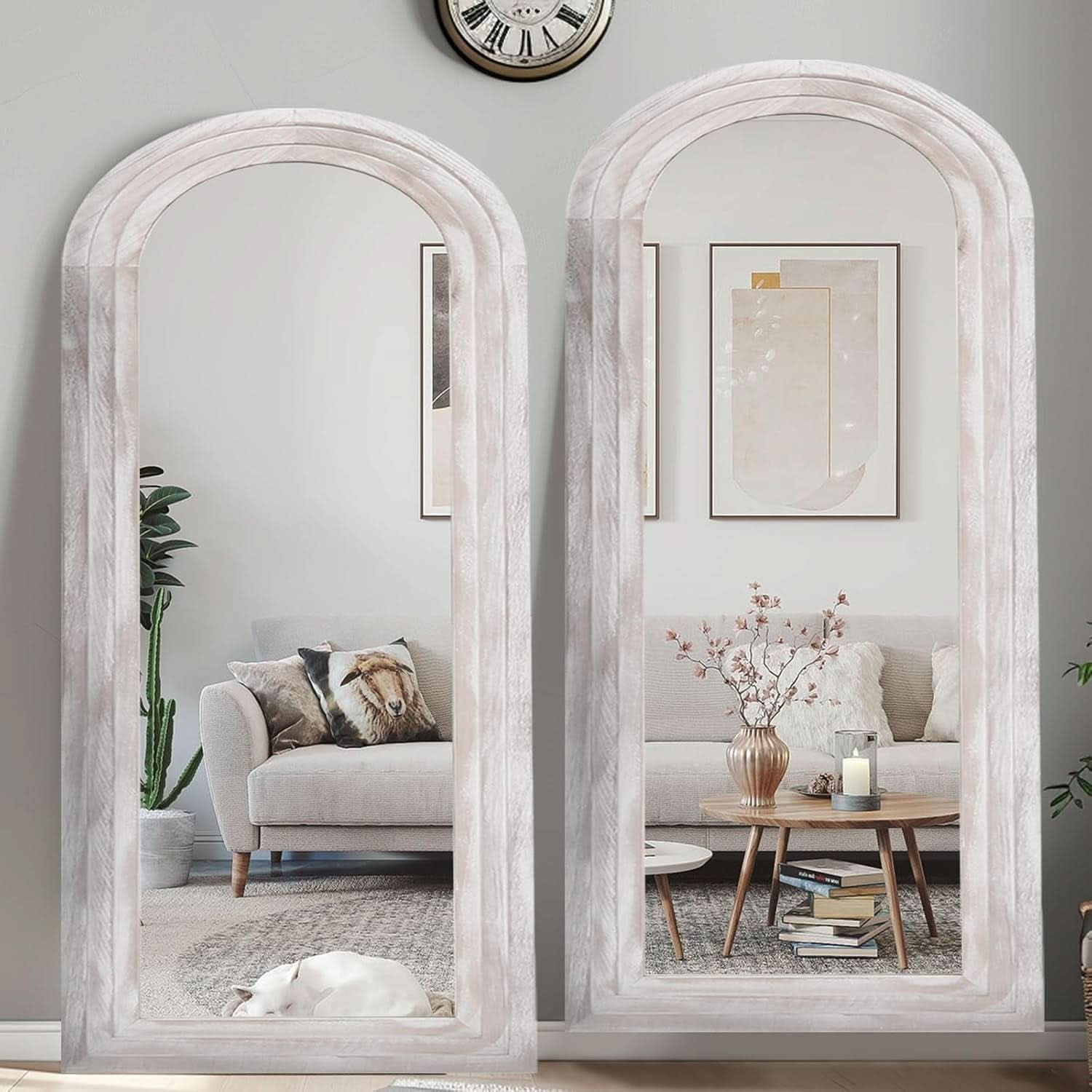Arched Full Length Mirror With Solid Wood Frame 71x32 Rustic White