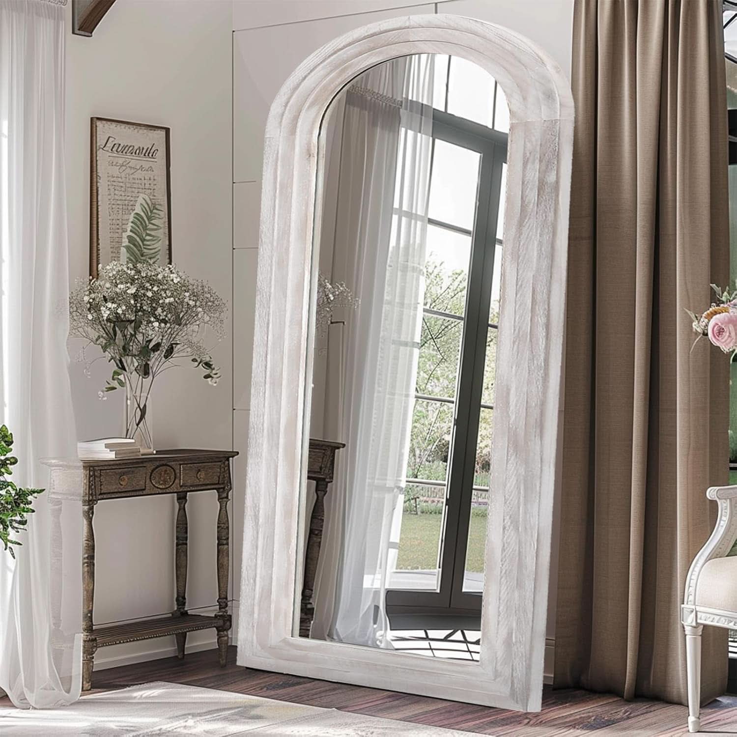 Arched Full Length Mirror With Solid Wood Frame 71x32 Rustic White