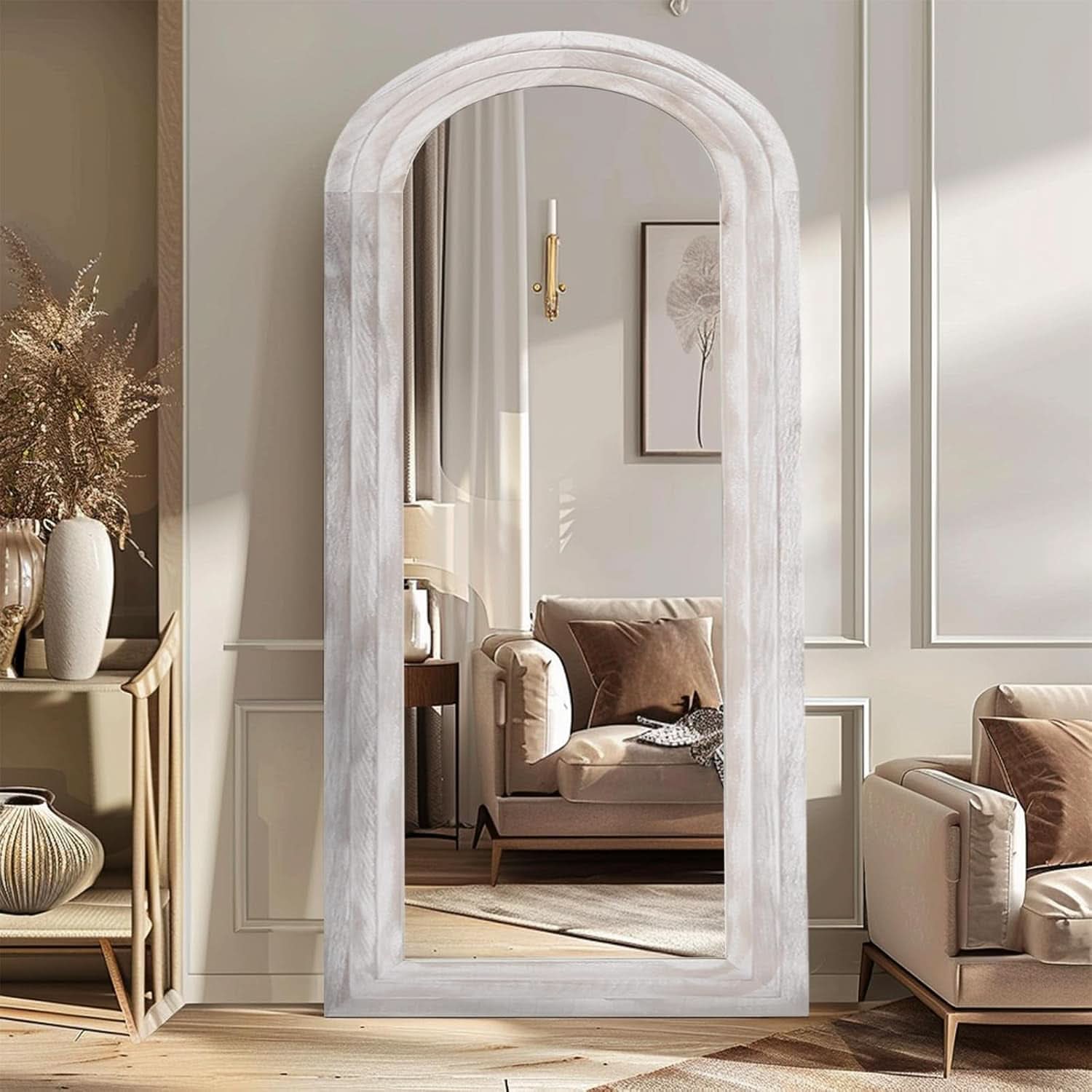 Arched Full Length Mirror With Solid Wood Frame 71x32 Rustic White