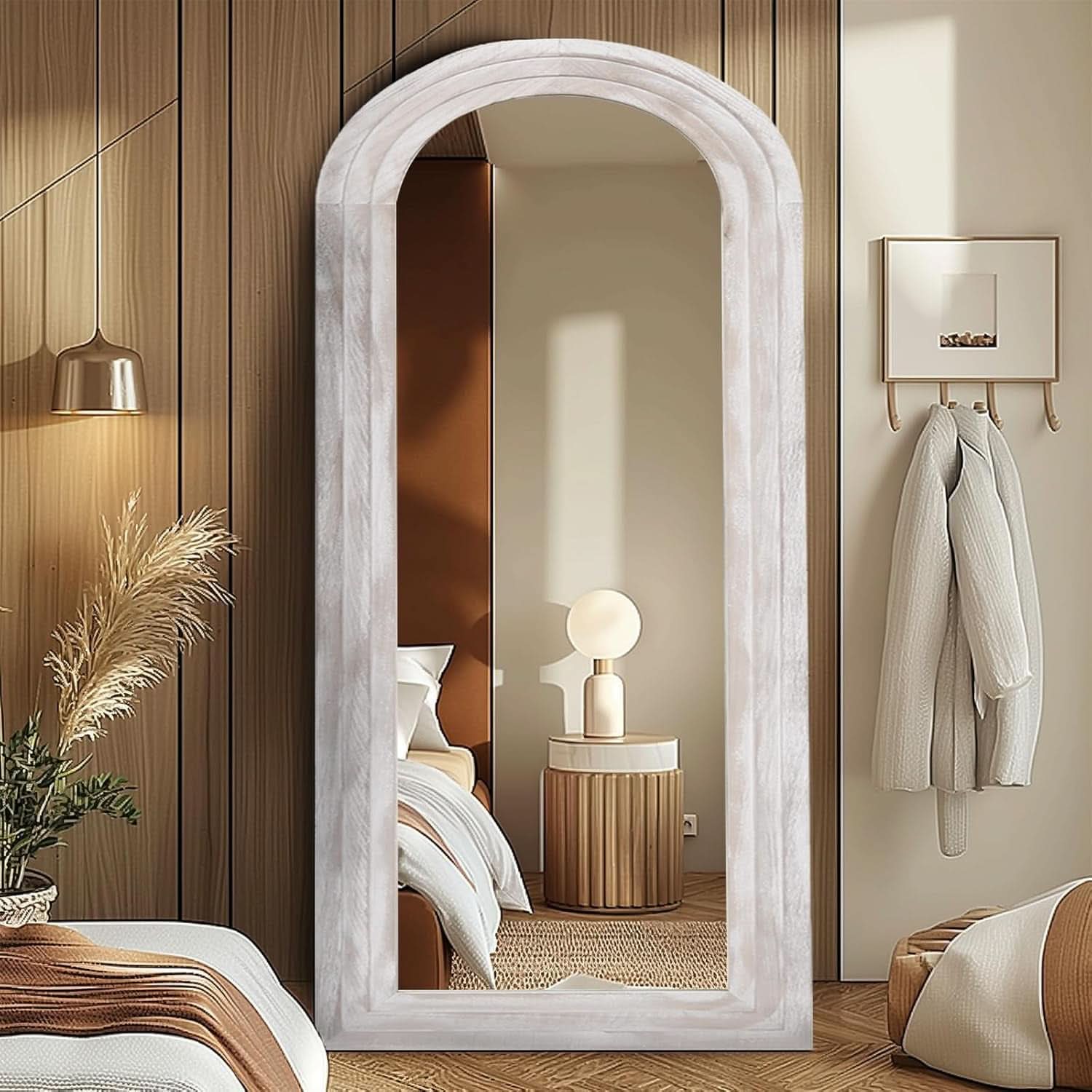 Arched Full Length Mirror With Solid Wood Frame 71x32 Rustic White