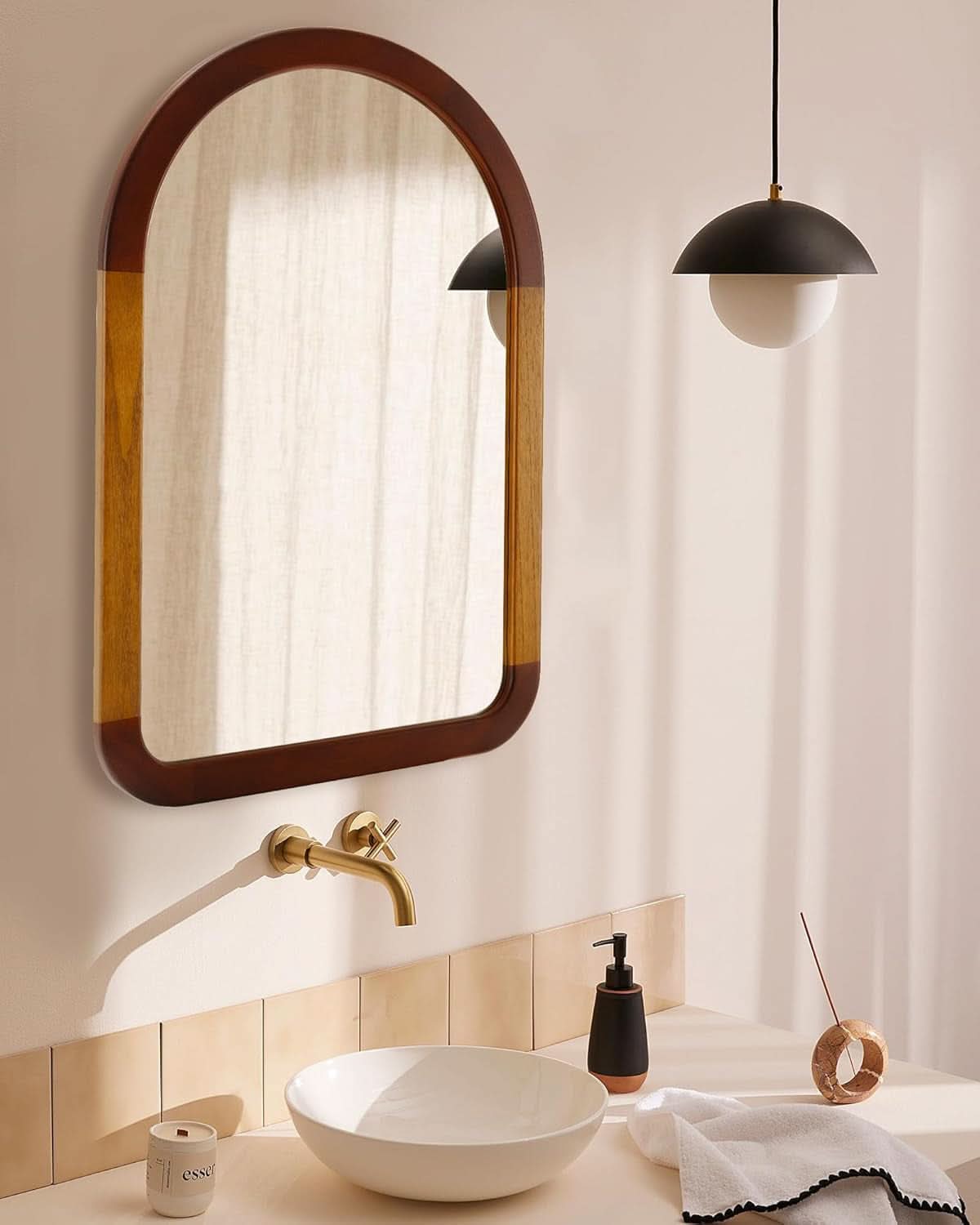 Arched Mirror 24x36 Walnut Brown Wood Frame Wall Mounted