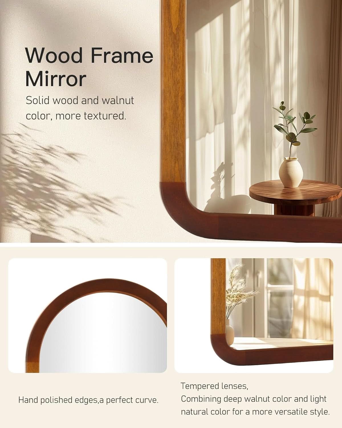 Arched Mirror 24x36 Walnut Brown Wood Frame Wall Mounted